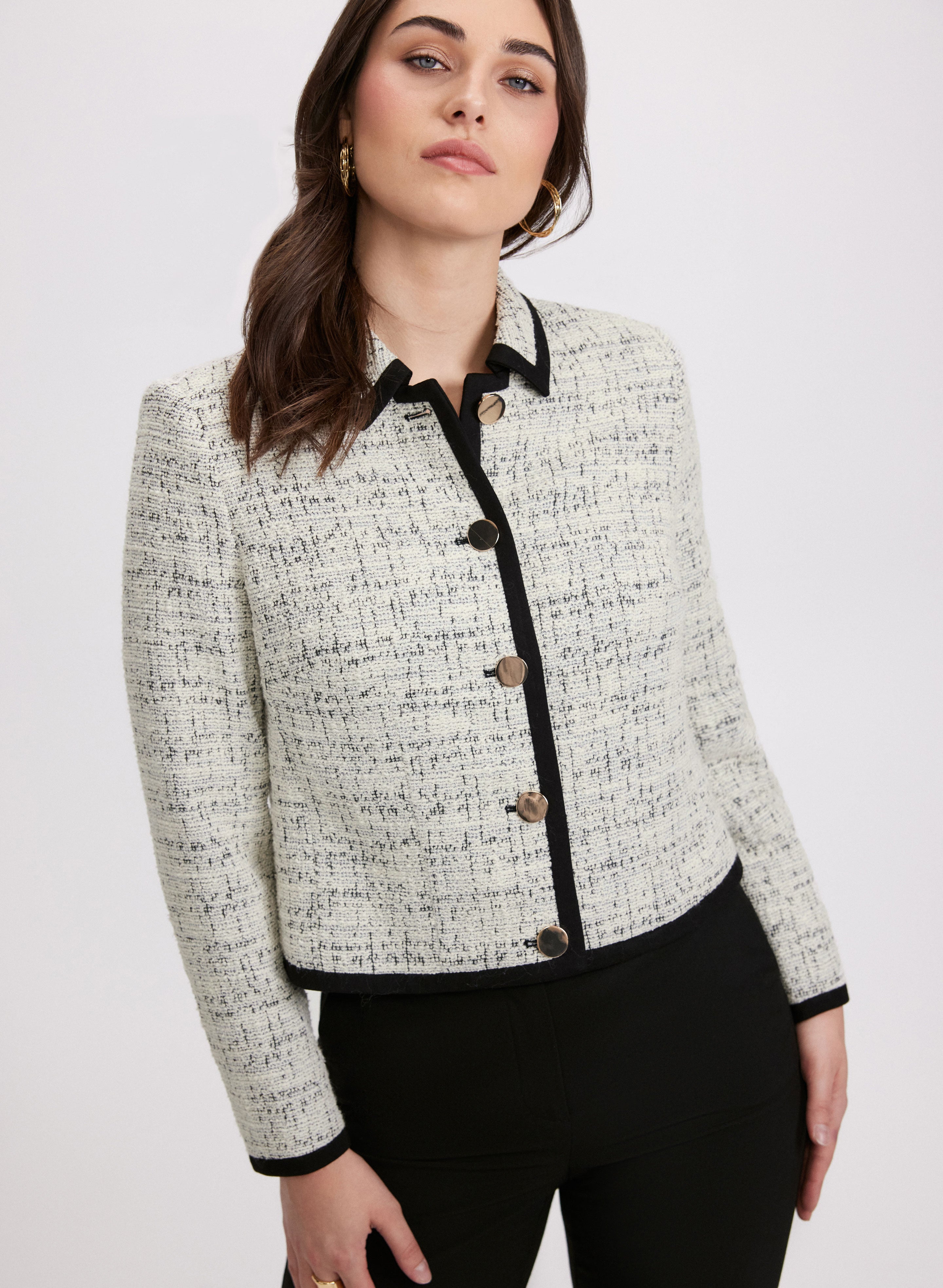 Stylish Contrast Tweed Jacket for Women - Elegant Blazer with Classic Checkered Pattern | Perfect for Office Wear, Business Meetings & Fall Fashion Outfits