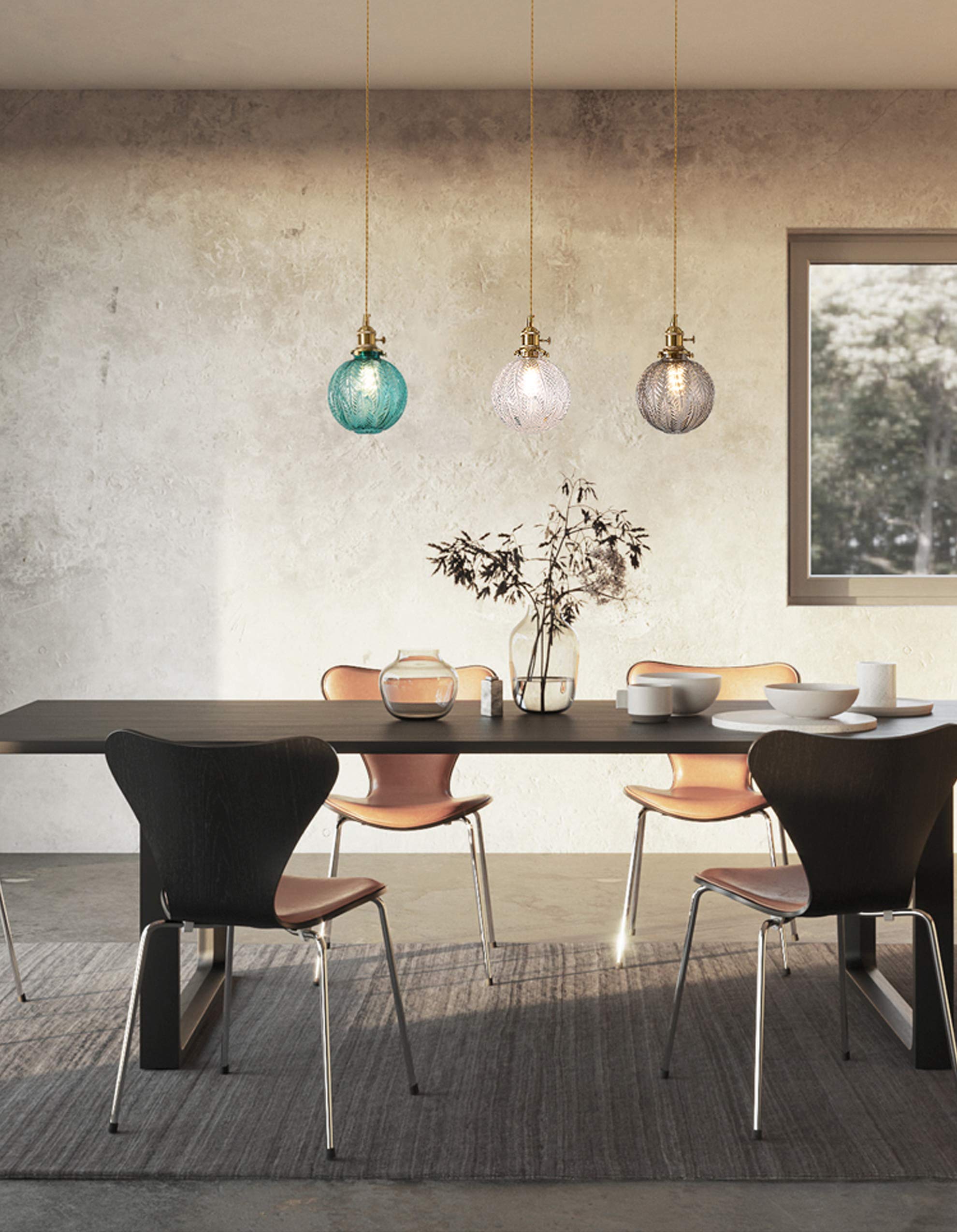 Plug-in Hanging Swag Lamp with 15ft Cord - No Wiring Needed Pendant Light with UL Certified On/Off Dimmer Switch, Clear Glass Globe Shade & Copper Holder - Perfect for Kitchen Island, Dining Room, Bedroom or Living Room Lighting