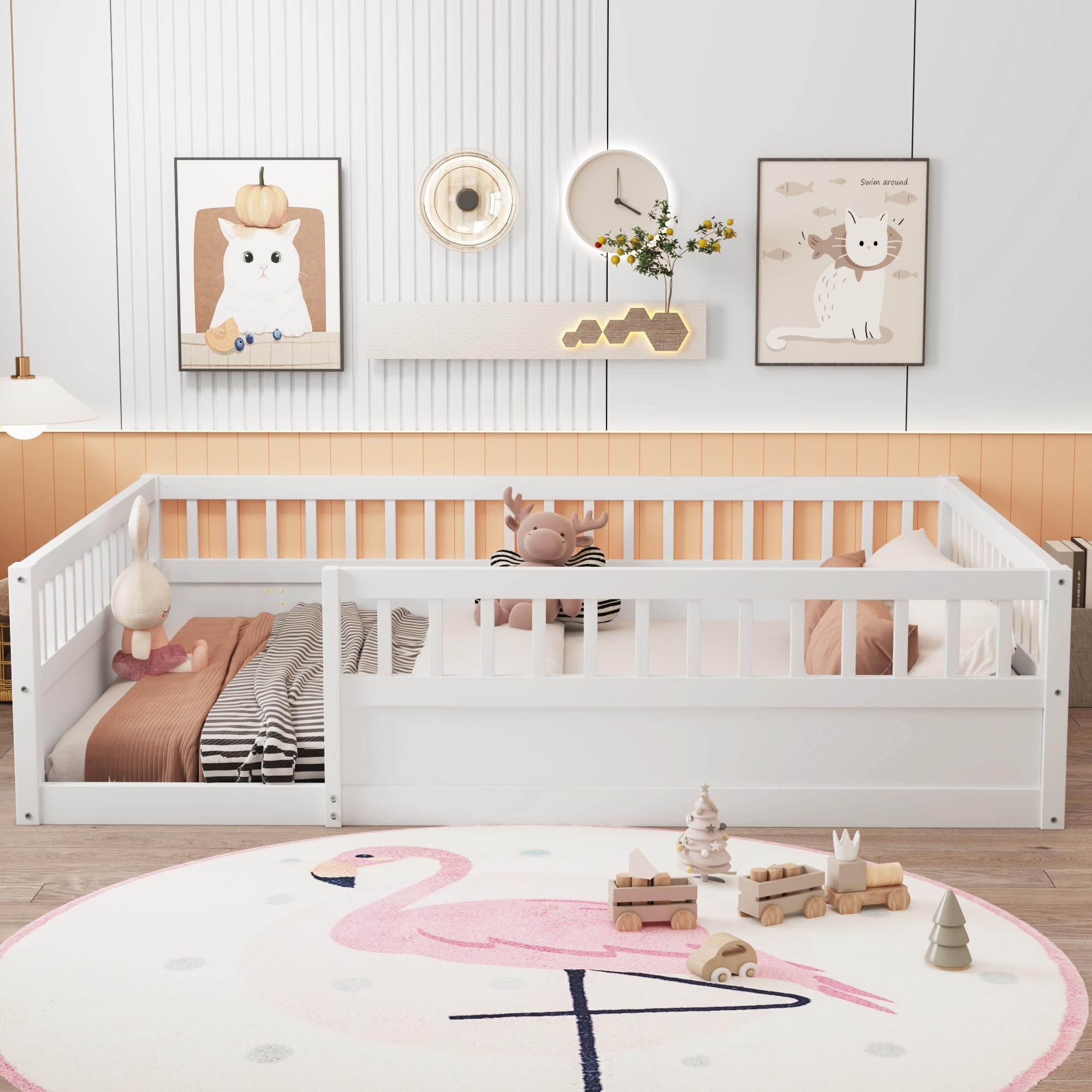 Montessori Full Size Toddler Floor Bed with Safety Fence & Solid Wood Guardrails - White Playhouse Bed for Kids Room | Safe Sleeping & Play Area for Toddlers, Daytime Naps & Montessori Learning Activities