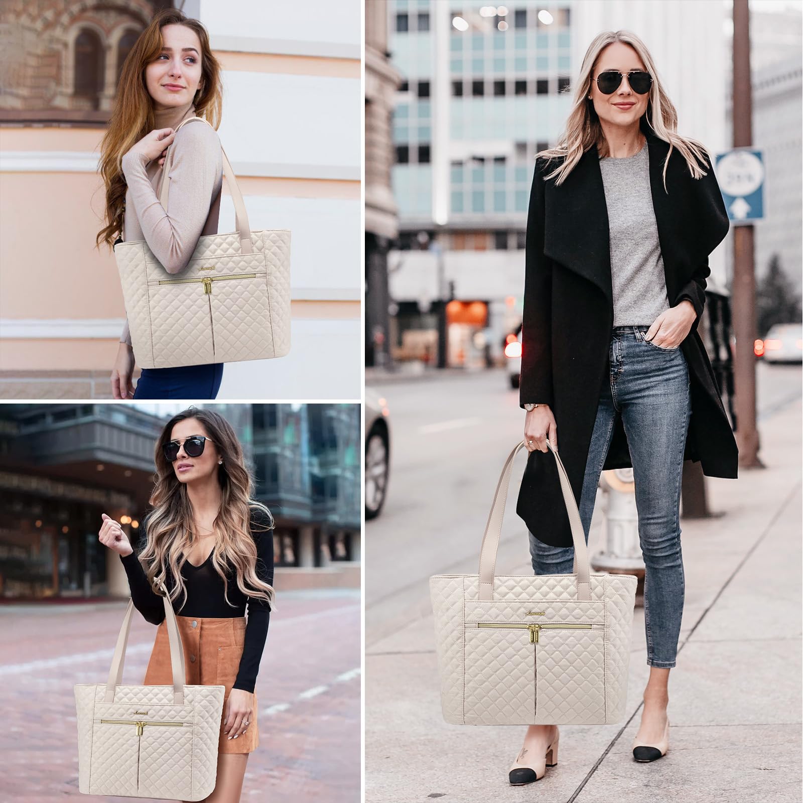 LOVEVOOK 15.6 Inch Diamond Quilted Laptop Tote Bag for Women - Stylish Work & Travel Shoulder Bag with Clutch Purse - Perfect for Office, Business Meetings & Commuting (Nude)