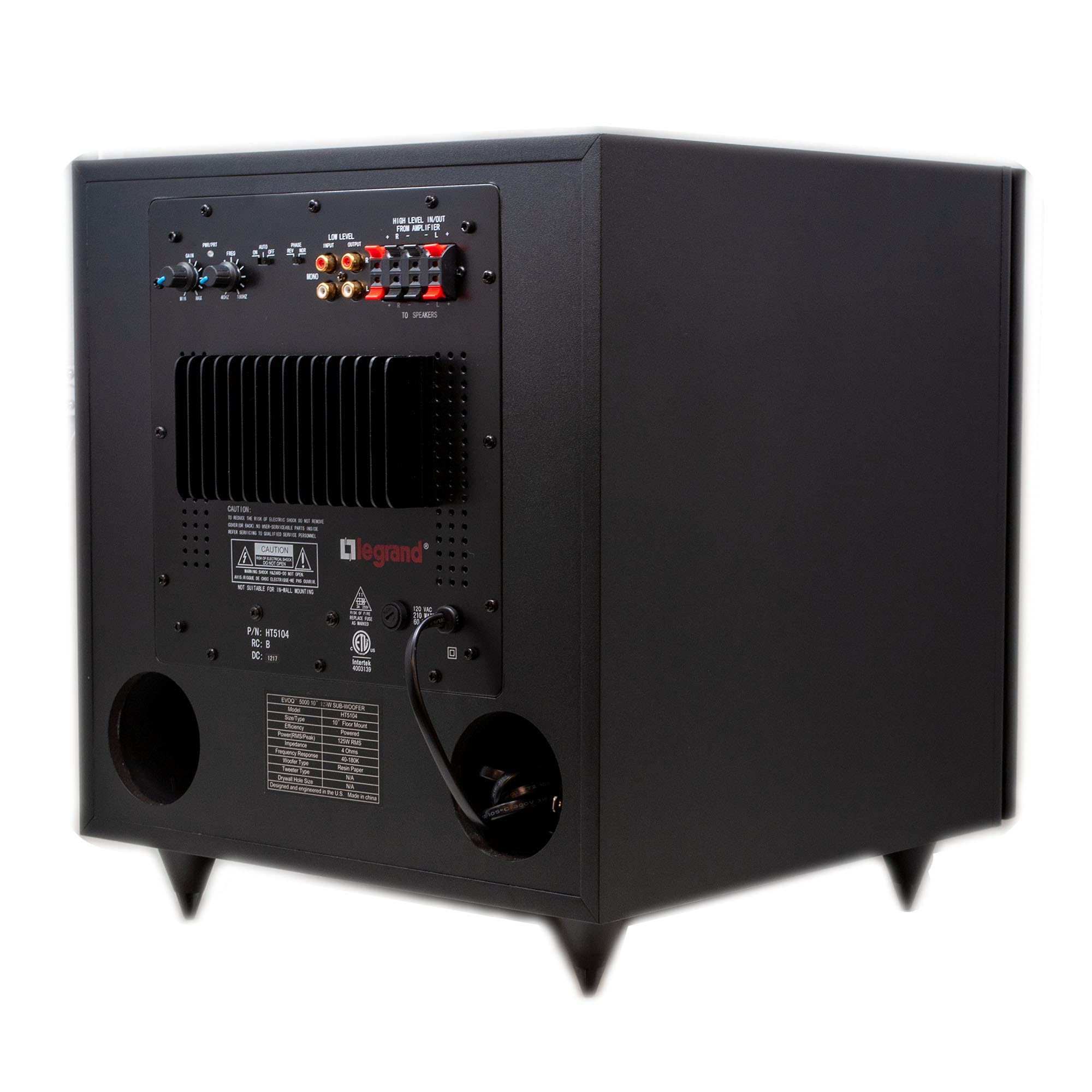 Legrand OnQ HT5104 10-Inch 5000 Series Amplified Subwoofer - 50Hz-200Hz Frequency, Floor Standing Speaker with Volume Control & Power Switch, Line Input/Output Options - Black (1 Count) - Perfect for Home Theater & Audio Systems