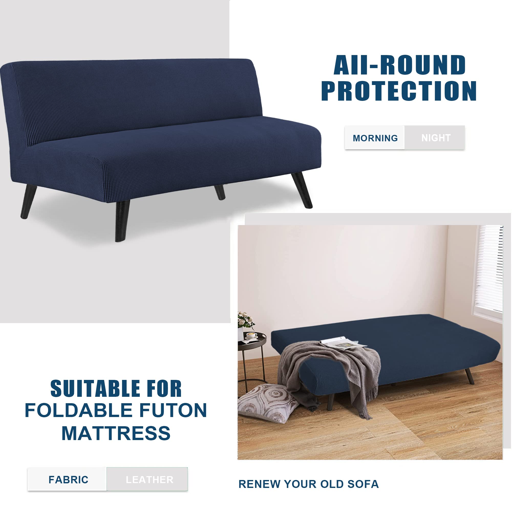 Waterproof Armless Futon Cover for Full Size Sofa Bed - Stretchable, Washable Slipcover with Elastic Bottom - Navy Blue - Perfect for Dorms, Apartments & Guest Rooms