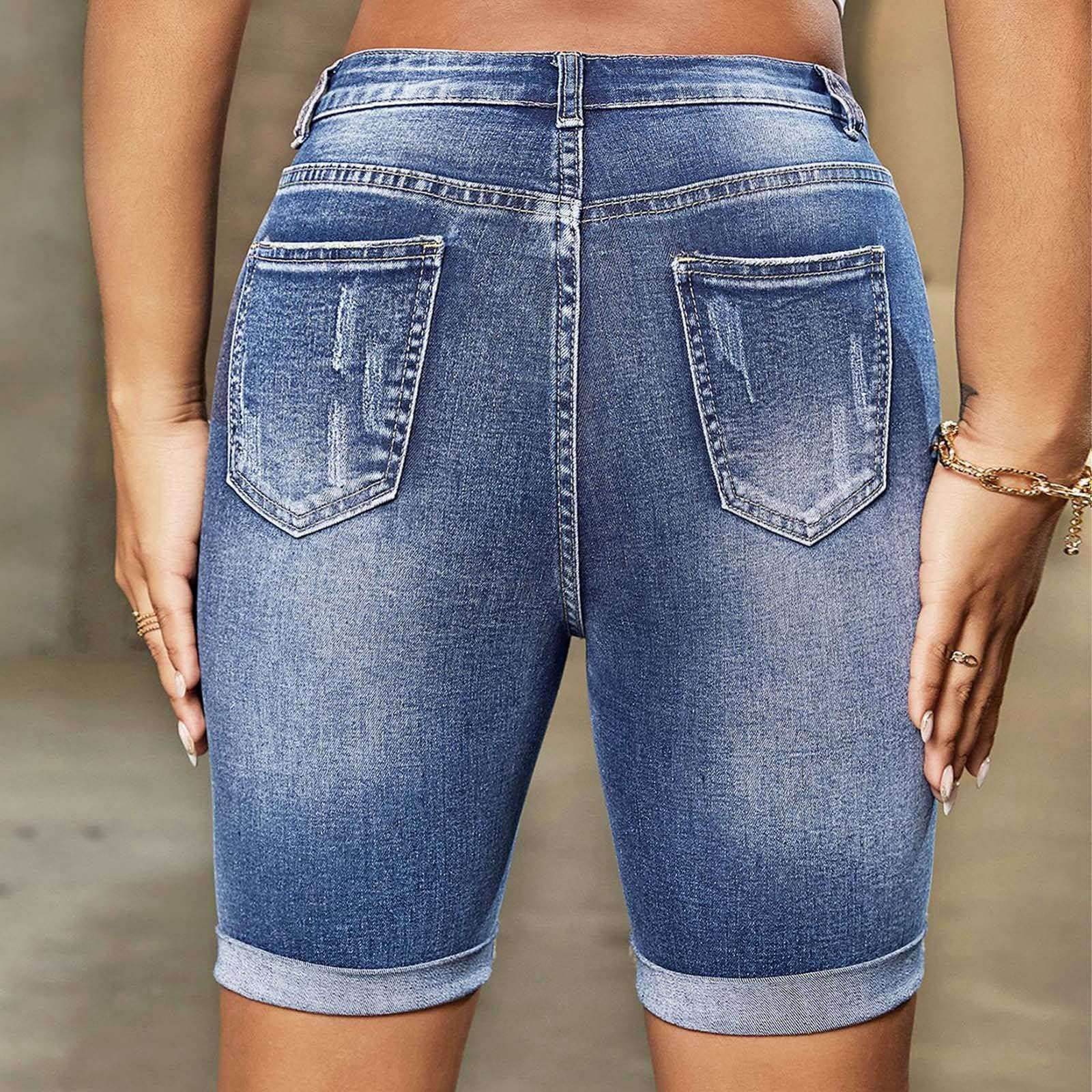 Women's Mid Rise Ripped Denim Shorts - Stretchy Bermuda Jean Shorts with Folded Hem | Perfect for Summer Outfits, Beach Vacations & Casual Wear