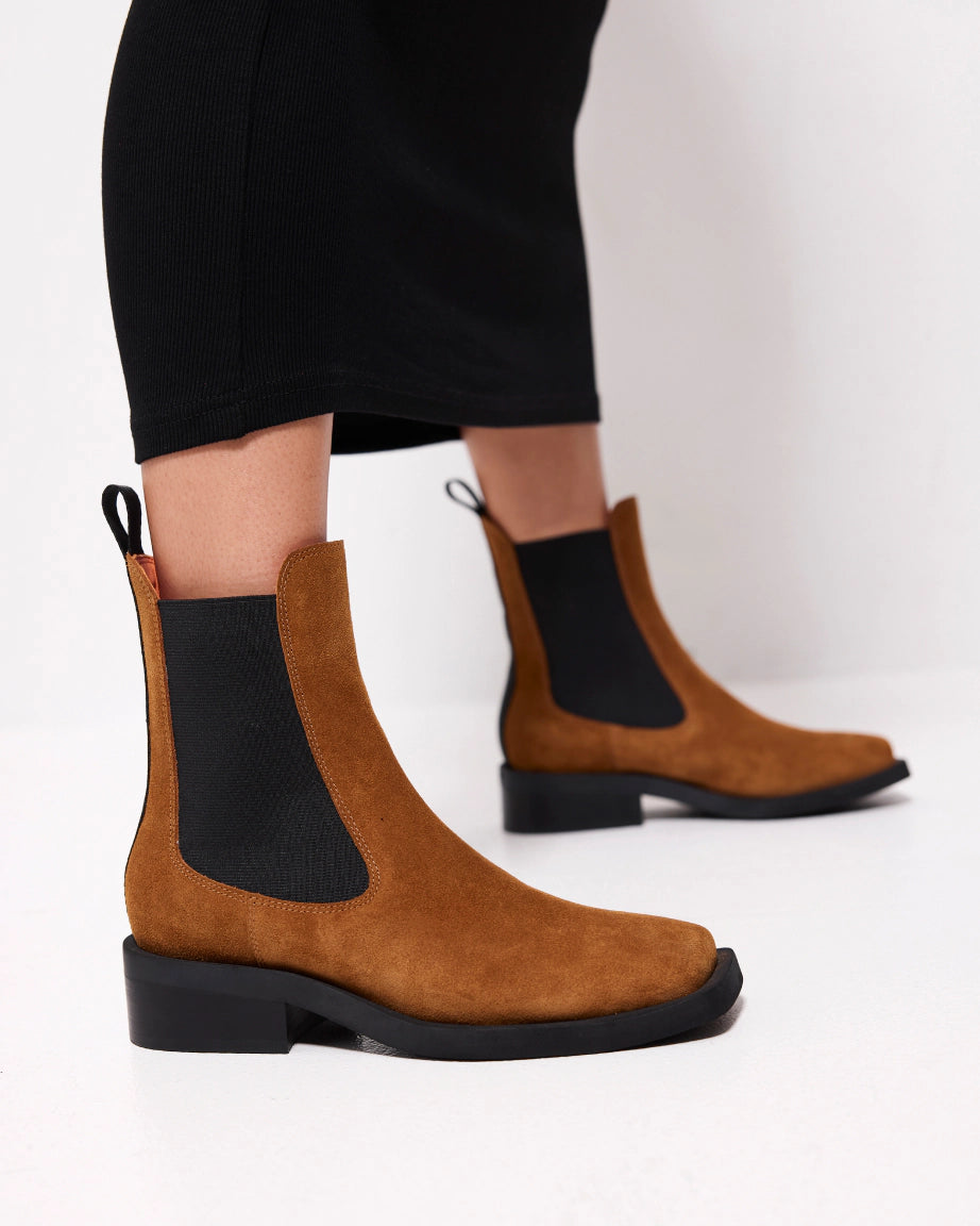 Stylish Coffee Suede Square Toe Chelsea Boots for Women - Comfortable Ankle Boots for Fall & Winter Fashion | Perfect for Office, Dating & Casual Outfits