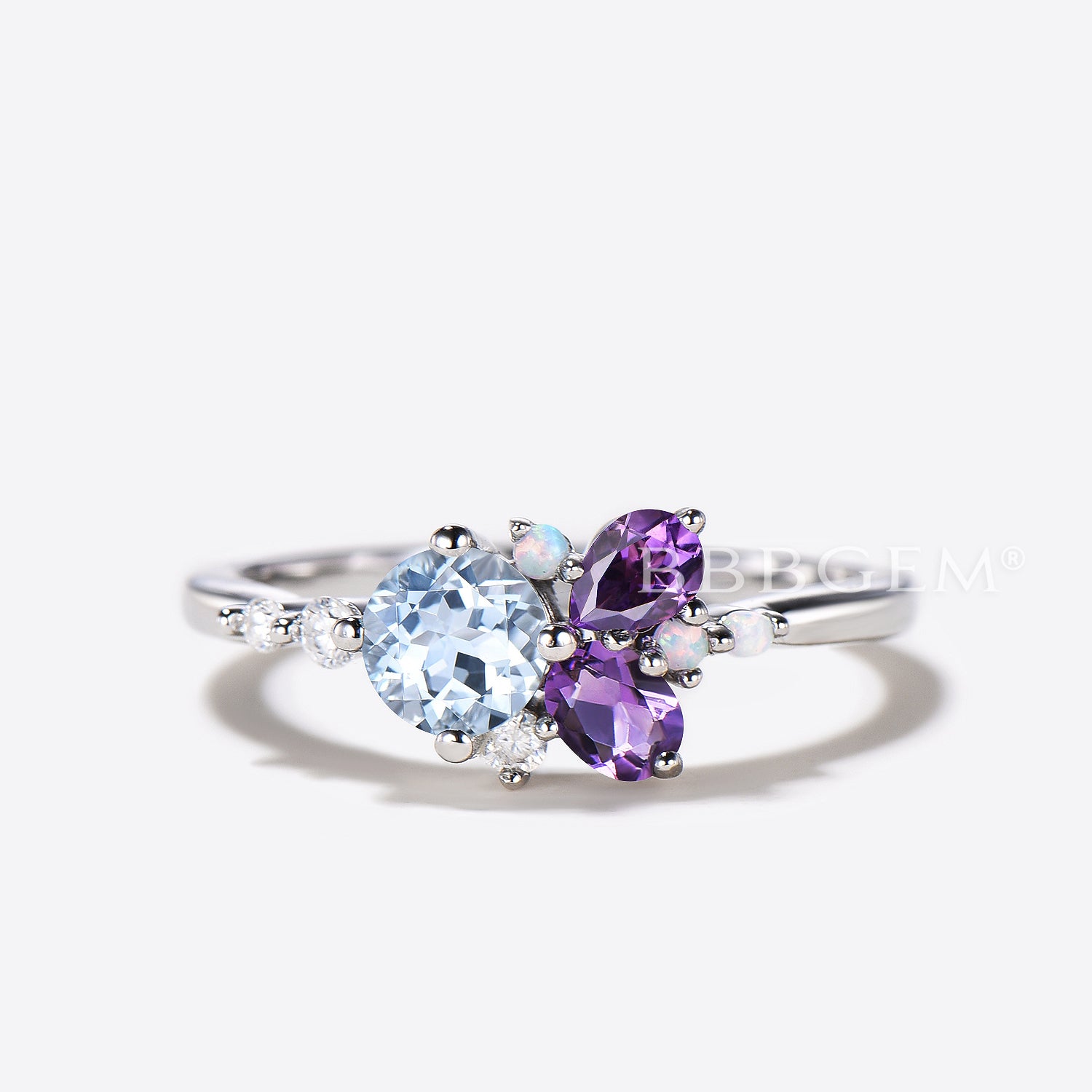 Natural Aquamarine & Amethyst Cluster Engagement Ring with Opal Accents - Elegant Multi-Stone Wedding Band for Brides, Promise Rings & Anniversary Gifts (Perfect for Proposals, Valentine's Day & Special Occasions)