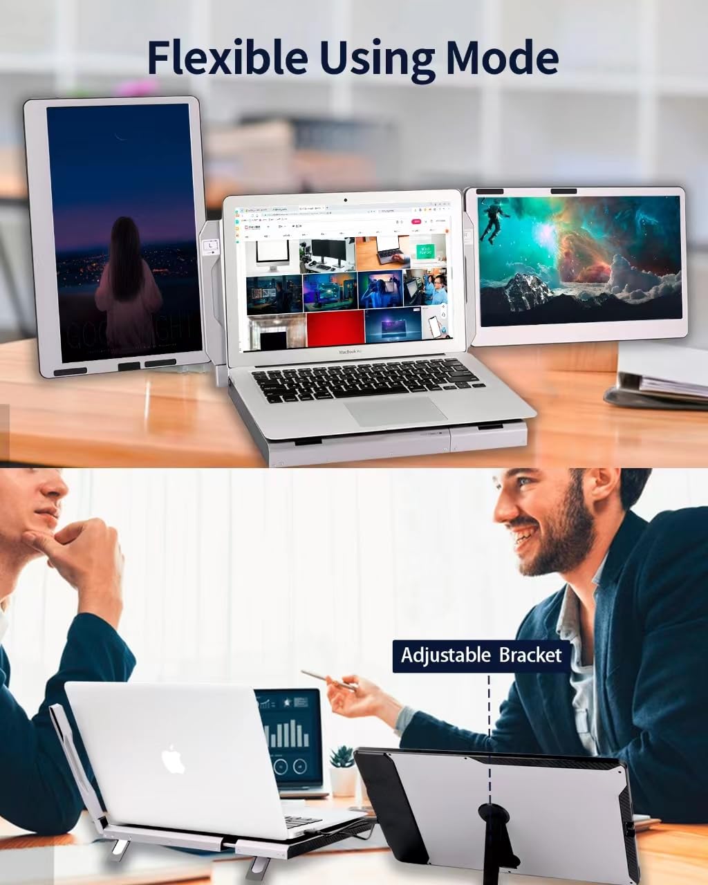 14 Inch Alecewey F2 Triple Portable Laptop Monitor Extender - Adjustable Stand, Full Angle View, Plug & Play USB-C/HDMI - Compatible with Windows & Mac - Perfect for Work, Gaming & Multitasking