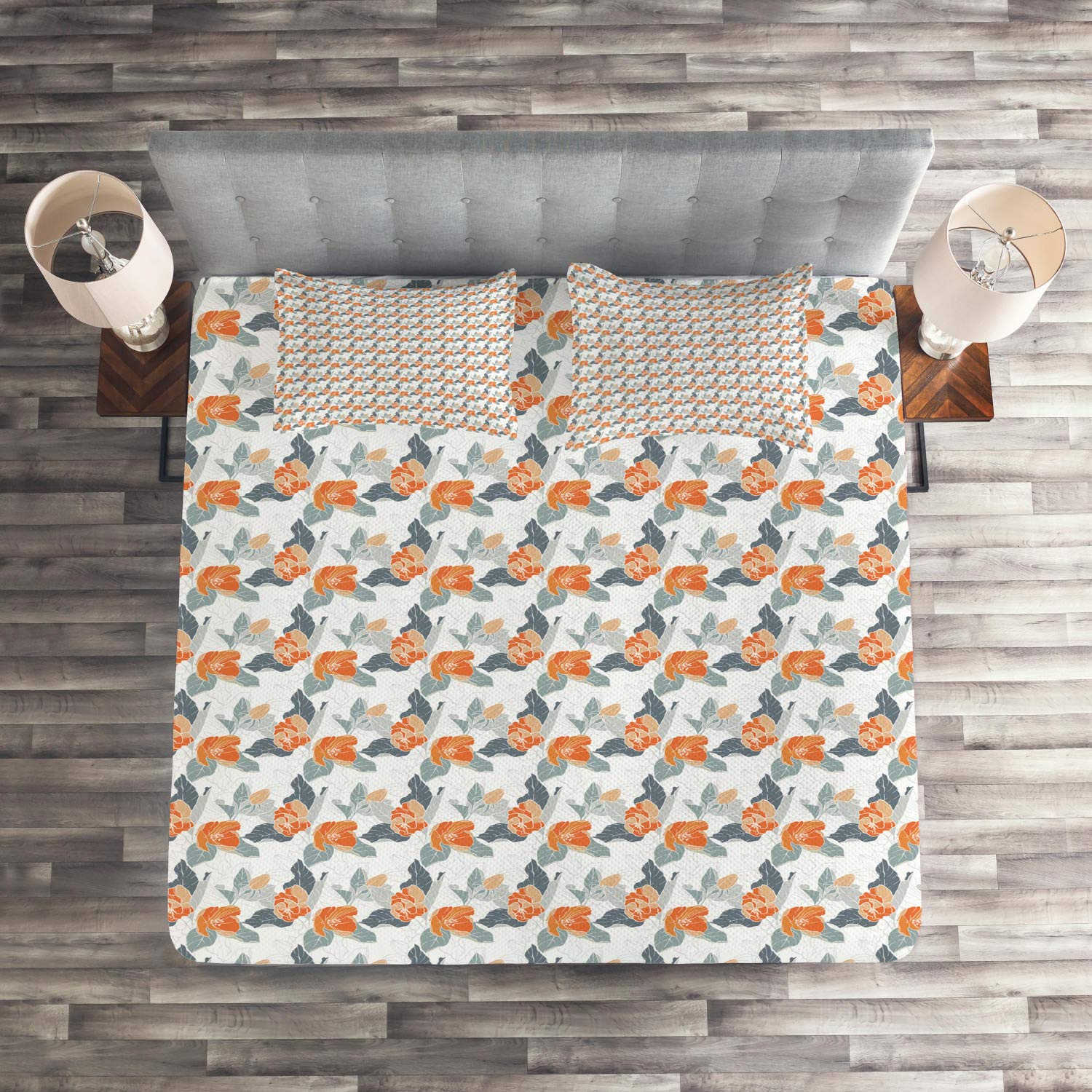 Ambesonne Floral Quilt Set King Size - 3 Piece Victorian Apple Blossom Bedspread with 2 Pillow Shams in Orange, Purple, Blue, Pale Grey & White | Elegant Bedroom Decor for Spring & Summer