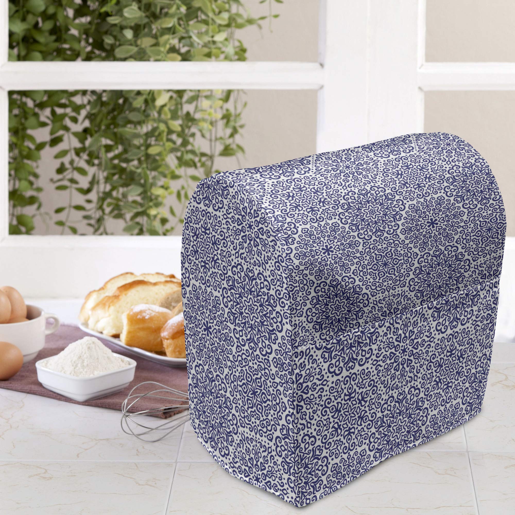 Ambesonne 6-8 Quart Stand Mixer Cover with Pocket - Indigo & White Mandala Floral Pattern - Kitchen Appliance Organizer Bag for KitchenAid, Cuisinart & More - Perfect for Baking, Cooking & Countertop Storage