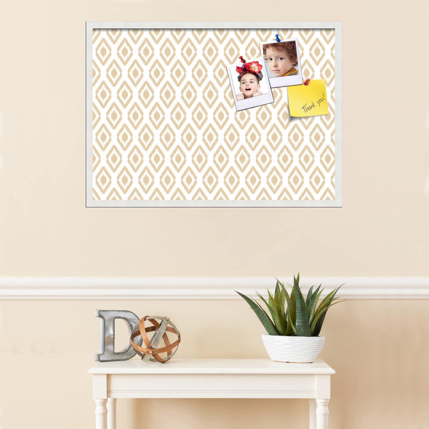 PinPix 34x24 Inch Cork Bulletin Board with Ikat Beige Design & Satin White Frame - Decorative Framed Pin Board for Home Office School Decor - Perfect for Notes, Photos, Reminders & Wall Organization
