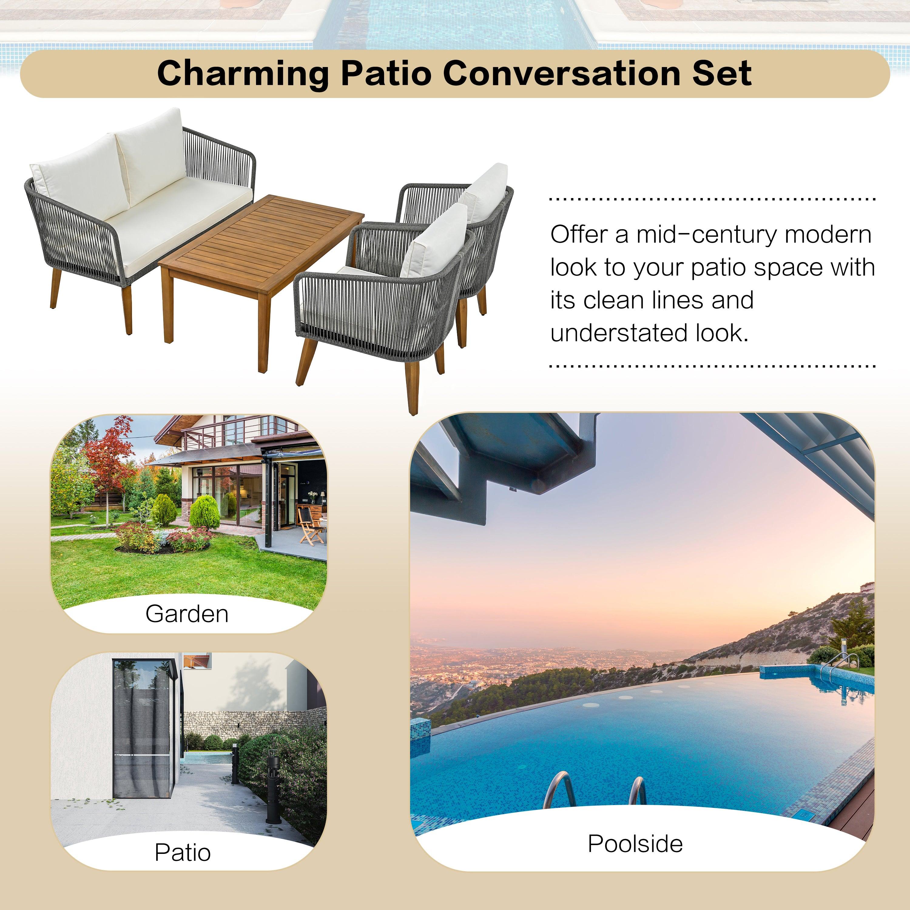 4-Piece Outdoor Patio Furniture Set with Loveseat, Rope Wicker Conversation Set & Cushions - Perfect for Backyard, Garden, Poolside & Outdoor Entertaining
