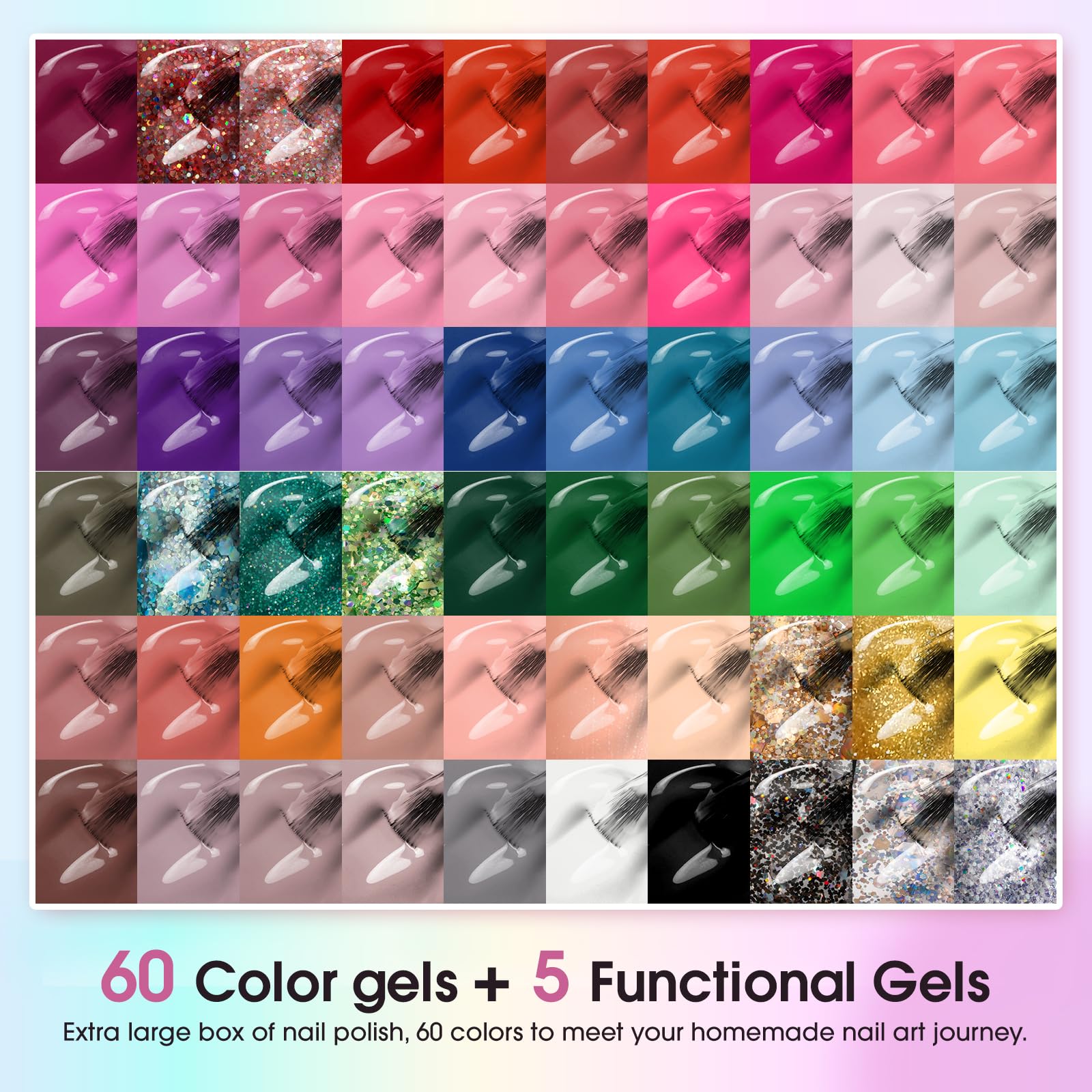 ROSALIND 65-Piece Semi-Permanent Nail Polish Kit - 60 Vibrant Colors (Red, Pink, Purple, Blue, Green & Glitter) | UV/LED Gel Soak Off Manicure Set for Salon & DIY Home Use | Perfect for Parties, Weddings & Everyday Nail Art