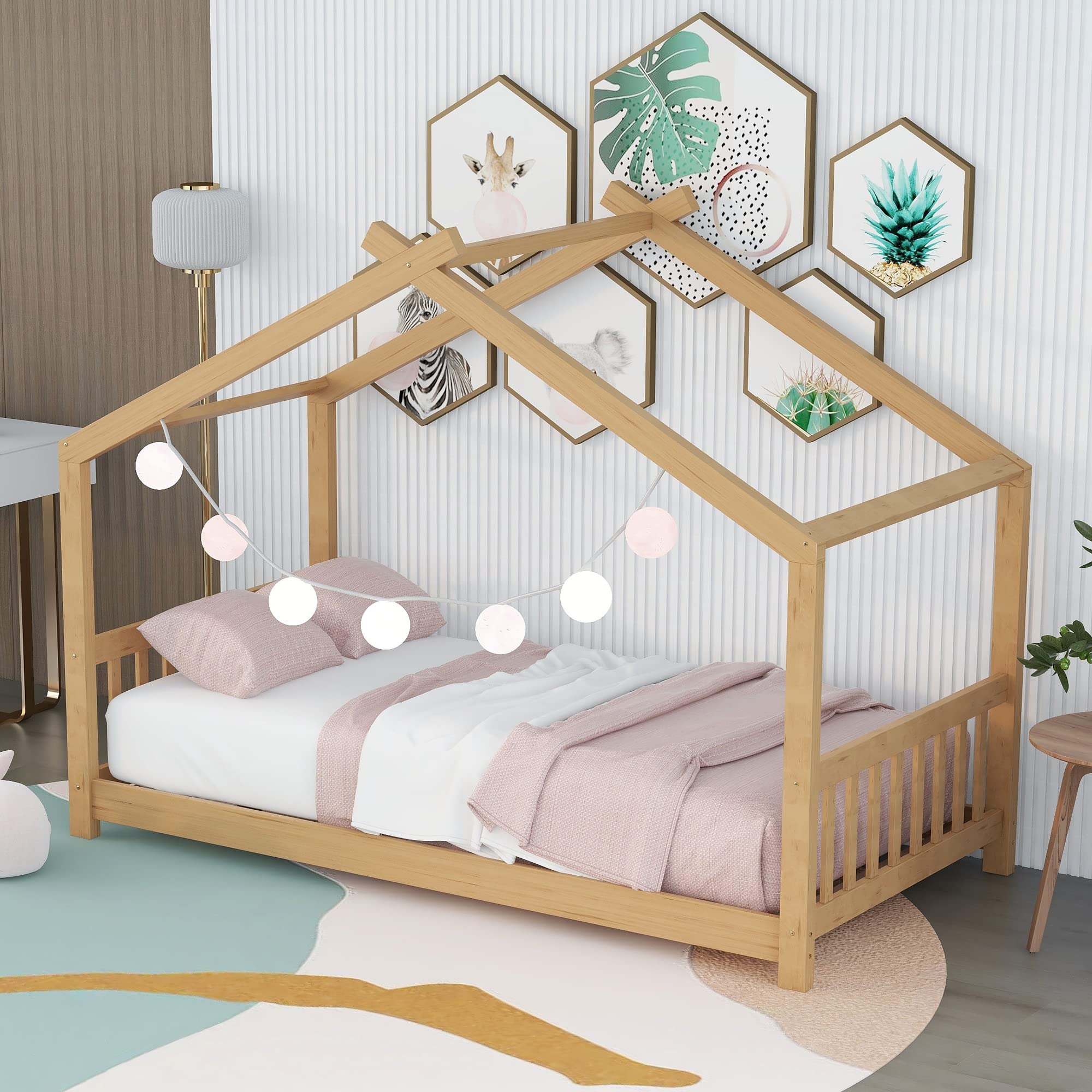 Harper & Bright Designs Twin House Bed for Kids - Wooden Floor Bed Frame with Headboard & Footboard - Montessori Style Toddler Bed for Boys & Girls - Natural Finish - Perfect for Small Rooms & Play Areas