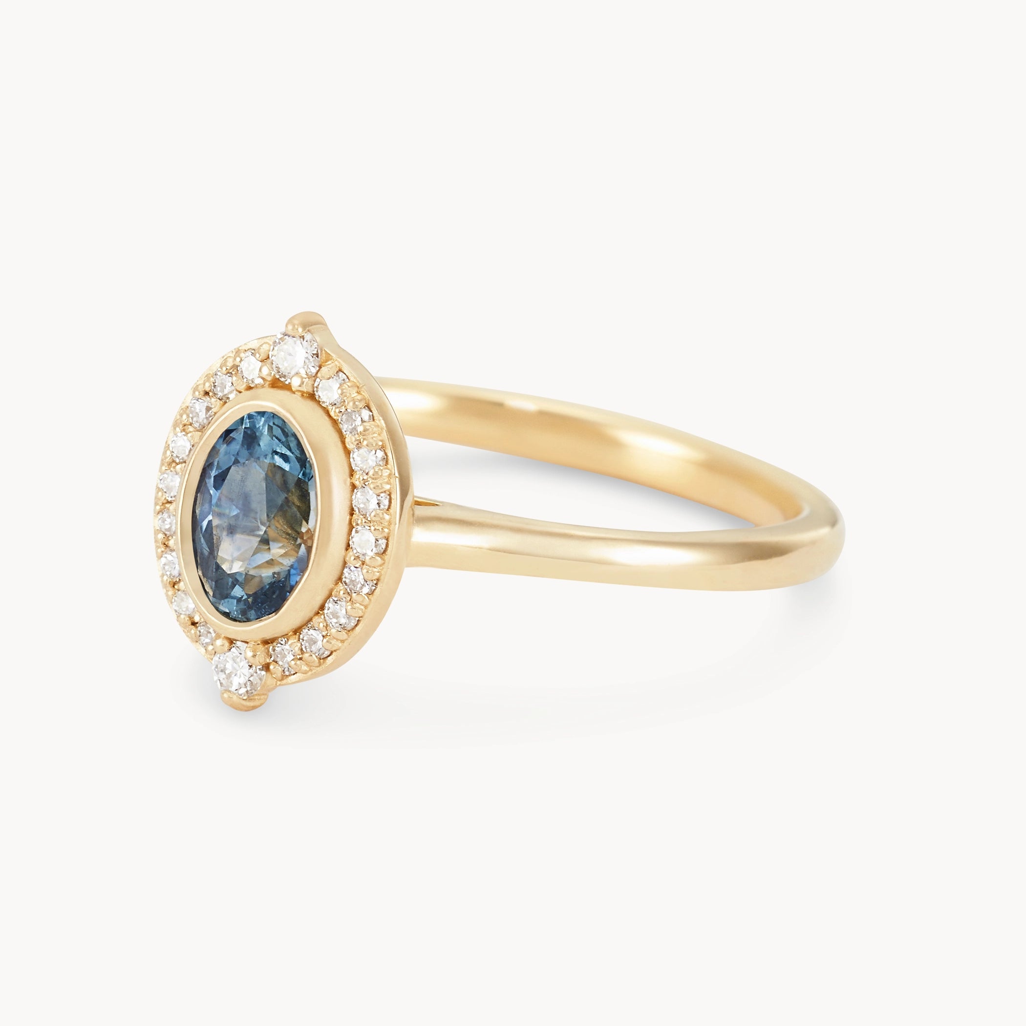 14K Yellow Gold Blue Oval Sapphire & White Diamond Ring – Unique Handcrafted Jewelry for Women, Perfect for Engagement, Wedding & Special Occasions