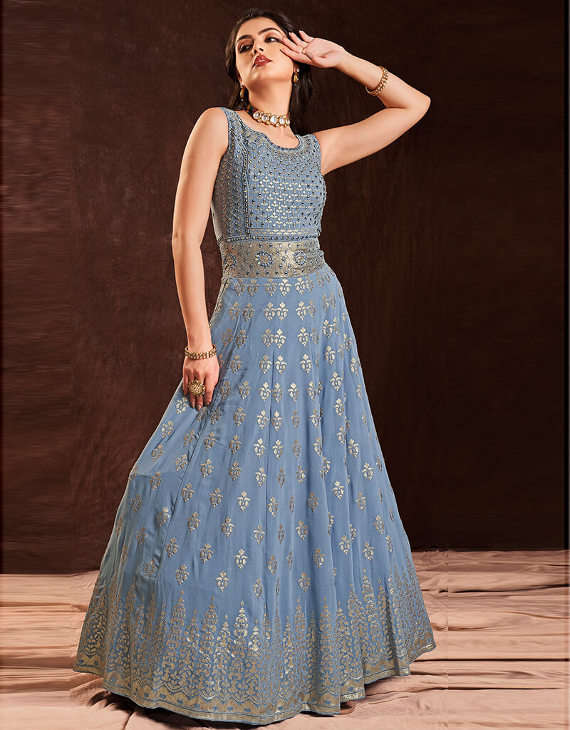 Elegant Blue Georgette Anarkali Dress for Women - Perfect for Weddings, Parties & Festive Occasions