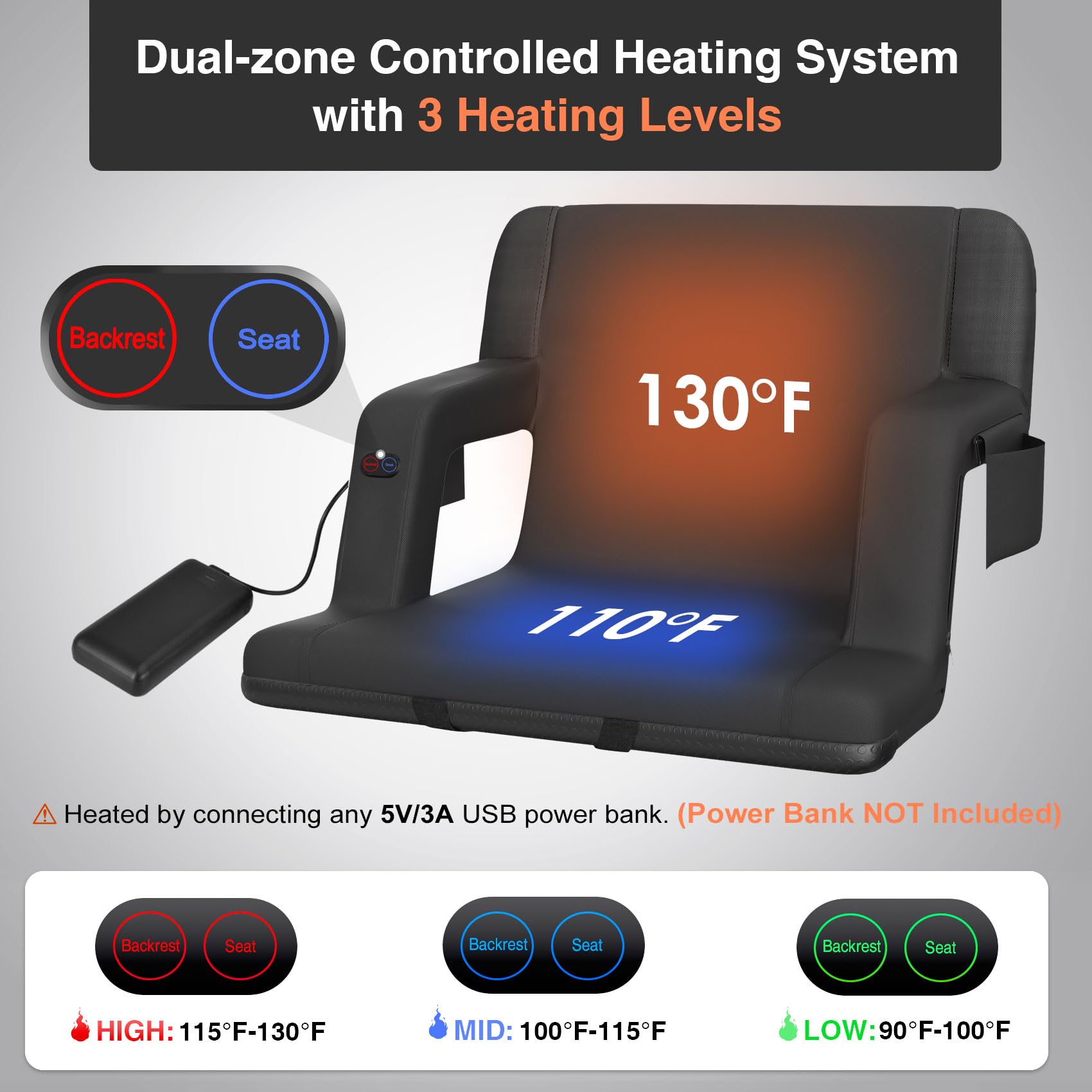 Dual-Sided Heated Stadium Seat with Back Support - Portable Bleacher Seat with 3 Heat Levels & 5 Storage Pockets - Perfect for Football Games, Concerts, Camping & Outdoor Events (Black)
