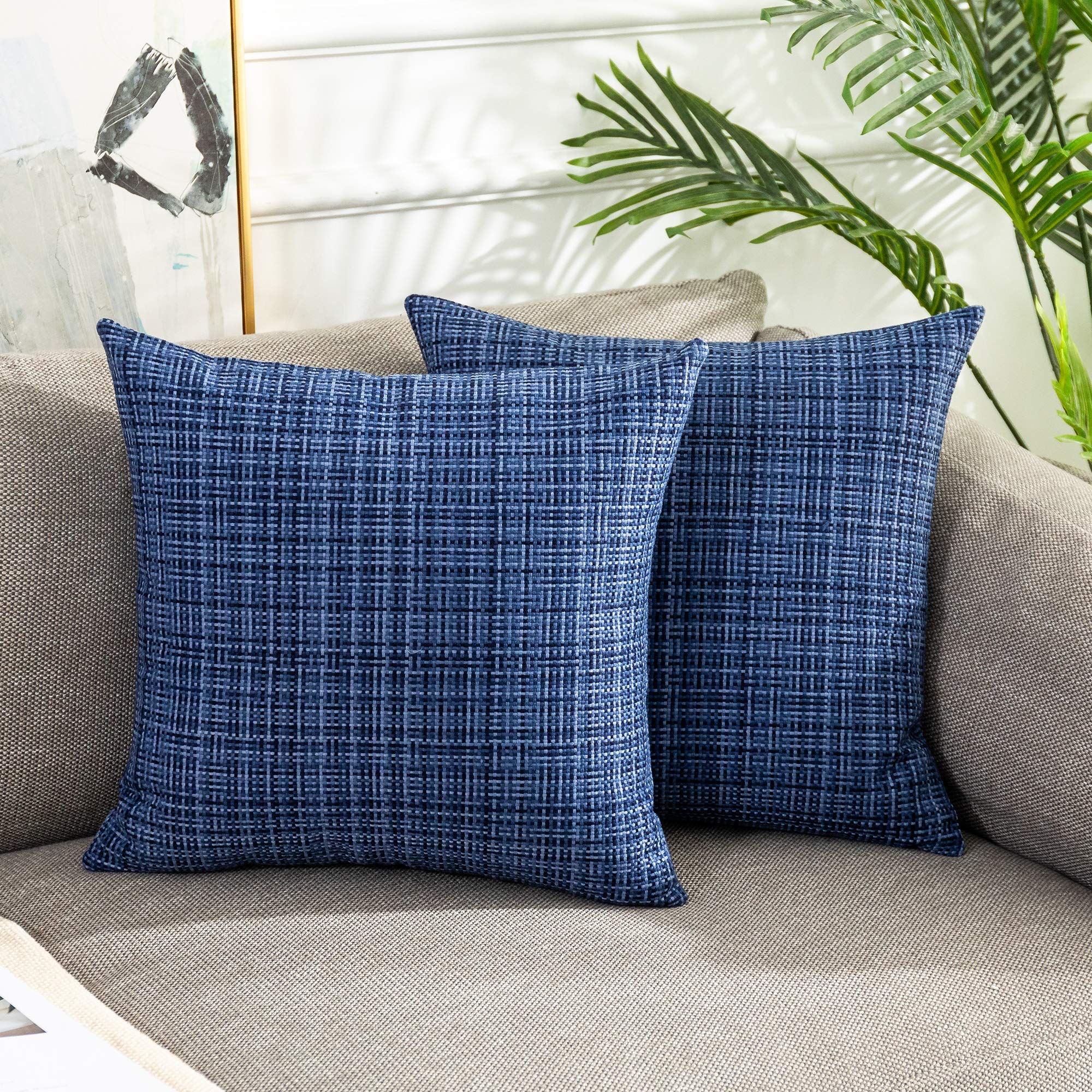 Kevin Textile 2-Pack Waterproof Outdoor Decorative Pillow Covers - 18x18 Inch Navy Blue Stripe Square Cushion Cases for Patio, Couch, Bench - Weatherproof & UV Resistant for Garden, Poolside & Porch Use