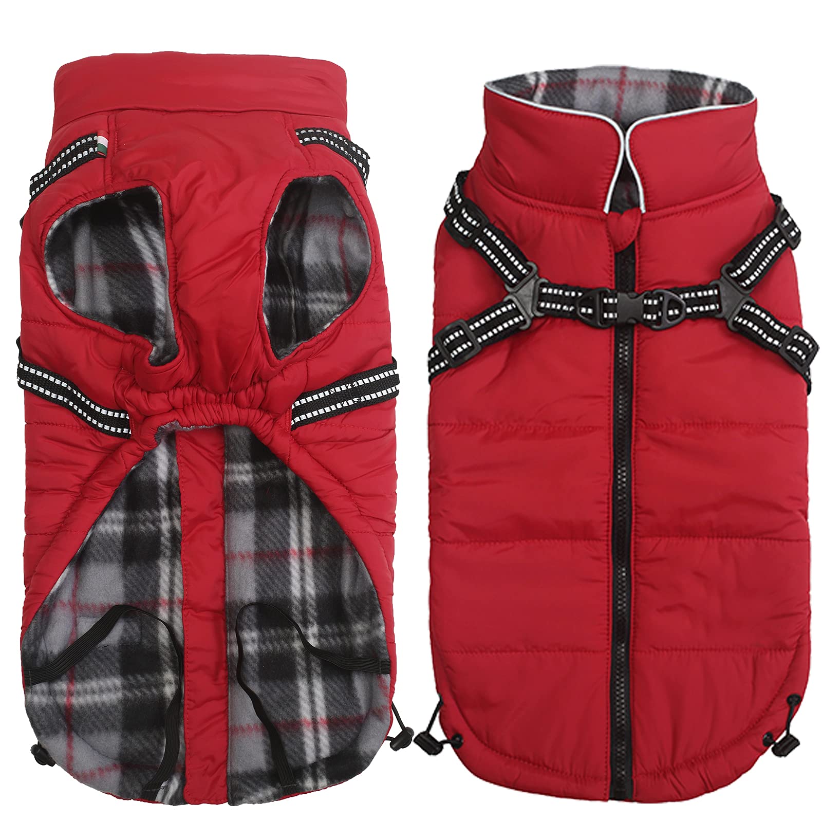 Waterproof Padded Dog Coat with Harness - Winter Warm Puppy Jacket for Small & Medium Breeds (Red, Large) - Perfect for Halloween, Christmas & Outdoor Adventures