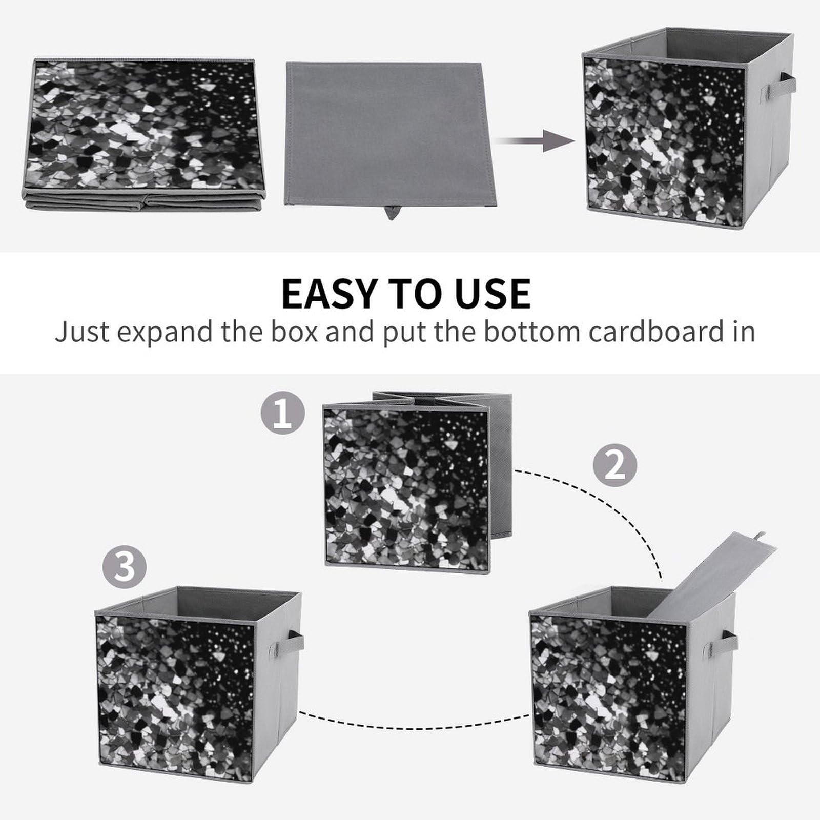 Black & White Glitter Collapsible Storage Bins - 6-Pack Foldable Storage Baskets with Handles, Large Closet Organizer for Clothes, Toys & Home Organization - Perfect for Bedroom, Closet & Kids Room Storage