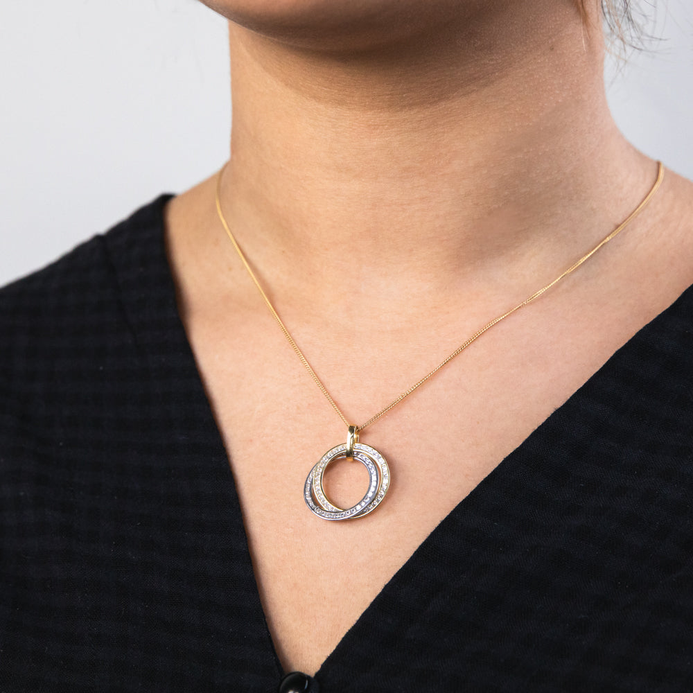 9ct Yellow & White Gold Silver-Filled Cubic Zirconia Twin Circle Pendant Necklace - Elegant Jewelry for Women, Perfect for Date Night & Special Occasions