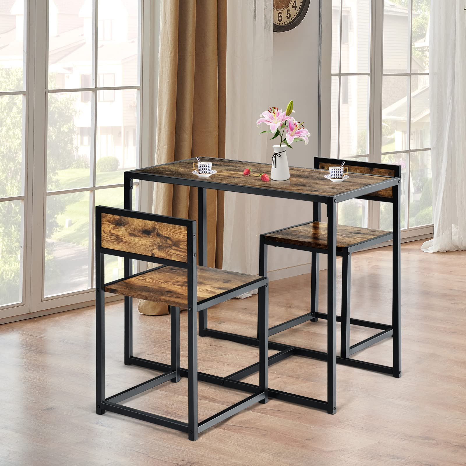 COSTWAY 3-Piece Kitchen Table Set with 2 Chairs | Space-Saving Metal Frame Dining Table for Small Spaces | Perfect for Kitchen, Living Room, Cafe & Bar | Antique Style Home Decor | Ideal for Breakfast Nooks & Apartment Dining