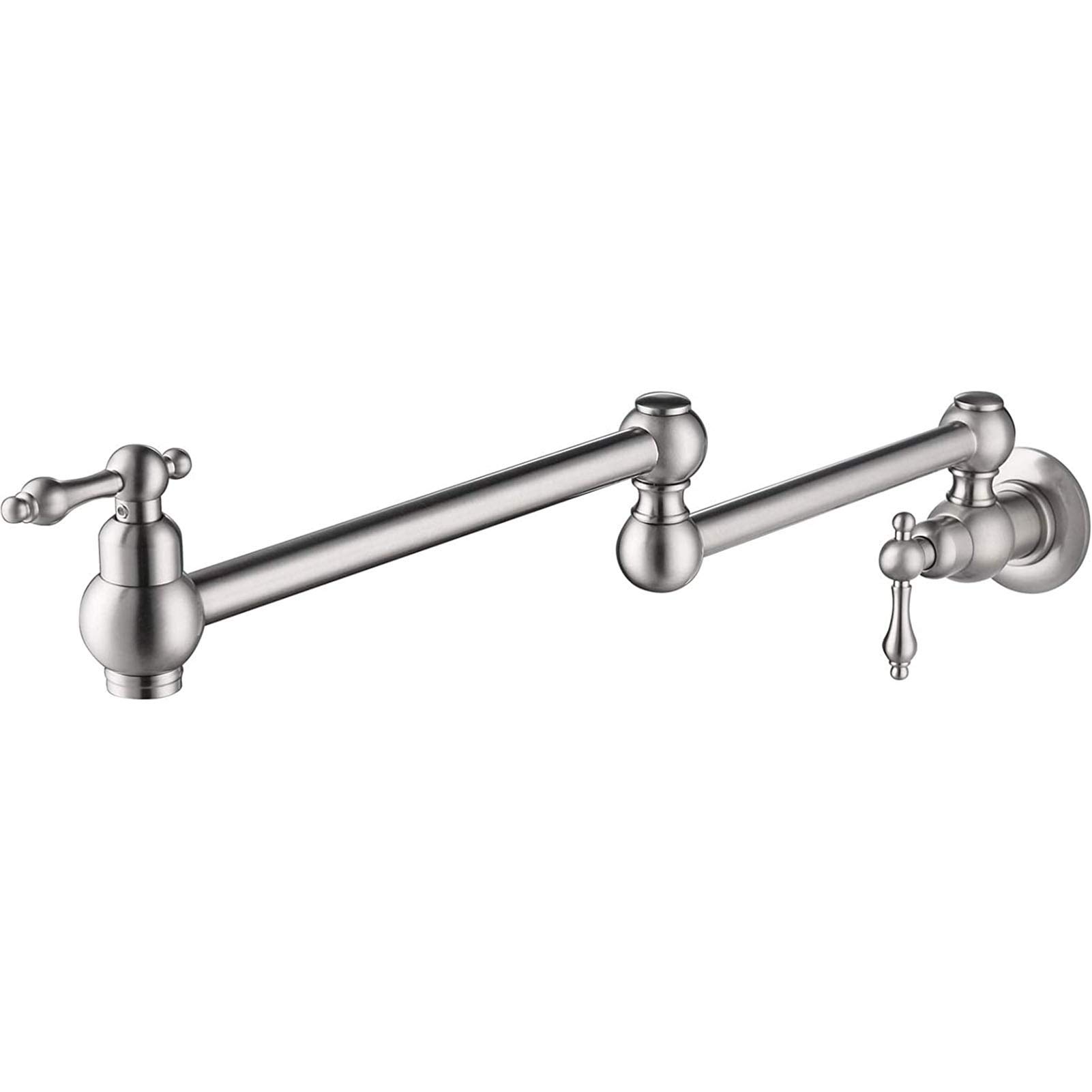 Wall Mount Pot Filler Faucet - Single Hole Two Handle Brass Kitchen Sink Faucet with Folding Stretchable Double Joint - Brushed Nickel Finish - Ideal for Commercial Kitchens, Restaurants & Home Cooking Stations