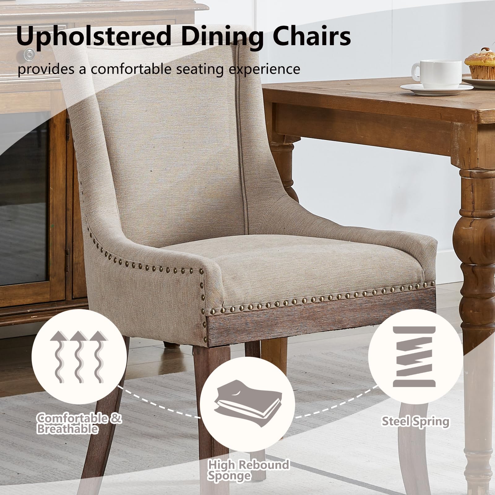 Modern Dining Chairs Set of 2 - High Back Upholstered Fabric Side Chairs with Solid Wood Legs for Dining Room & Kitchen - Comfortable Beige Seating for Family Meals, Dinner Parties & Home Decor