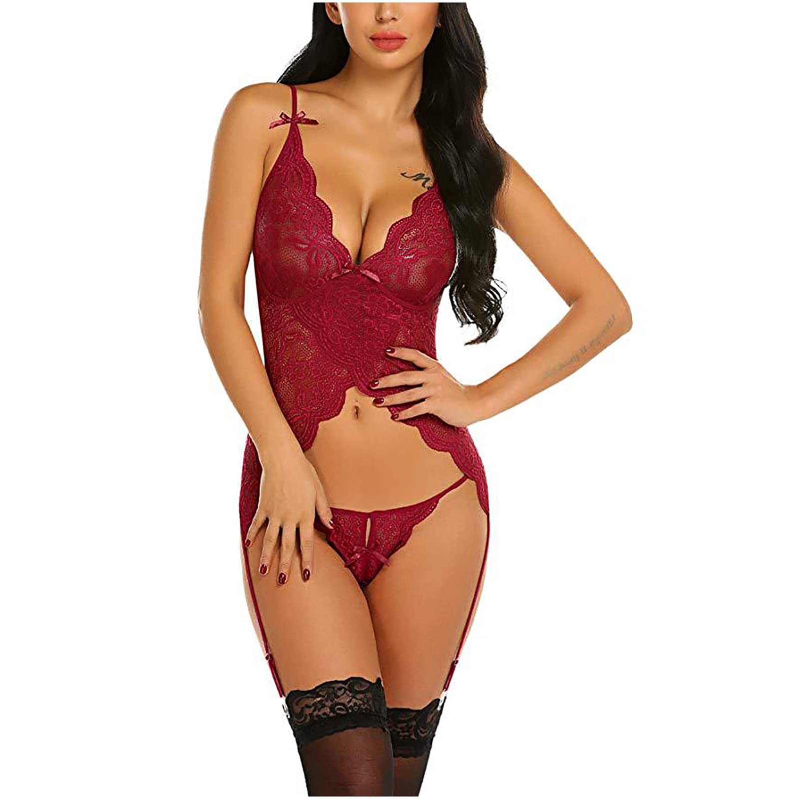 Sexy Lace Teddy Bodysuit with Garter Belt - Women's Babydoll Chemise Nightwear Set | Deep V-Neck Lingerie for Sleepwear & Romantic Occasions