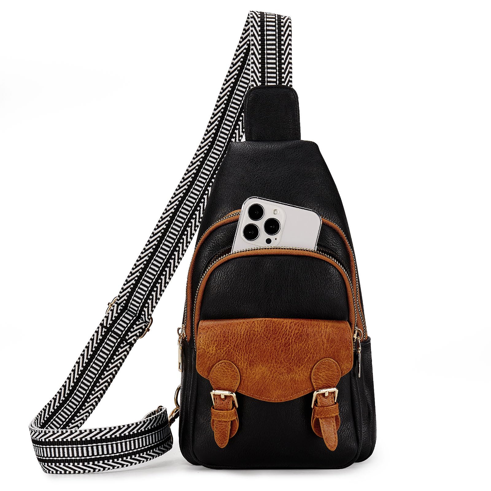 Vegan Leather Sling Bag for Women & Men - Adjustable Crossbody Fanny Pack for Travel, Hiking, Cycling & Casual Use - Black & Brown Chest Bag Purse