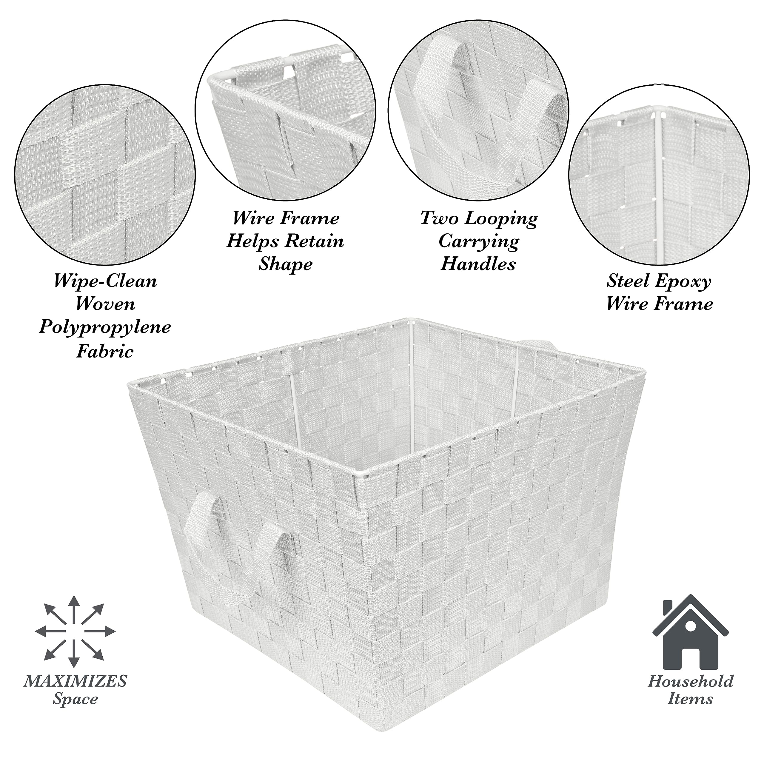 Large Woven Storage Tote Basket with 2 Handles - 4 Pack White Organizer for Closet, Bedroom, Bathroom & Nursery - Perfect for Toys, Accessories & Decorative Gift Storage