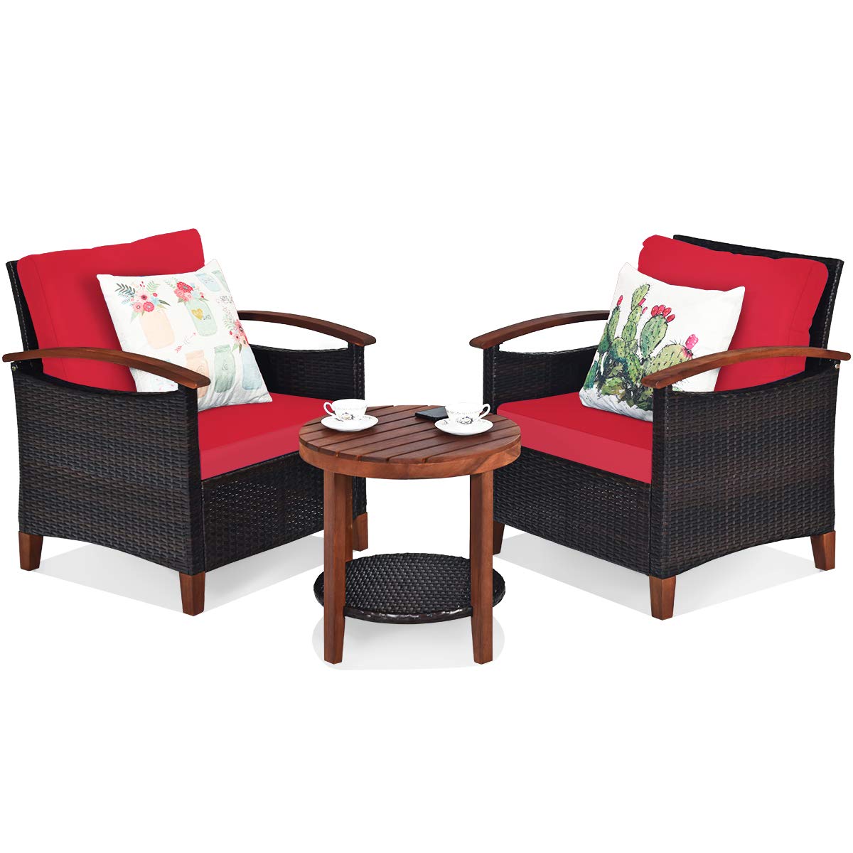 Tangkula 3-Piece Outdoor Patio Furniture Set - Rattan Sofa & Side Table with Solid Acacia Wood Frame, Heavy Duty Conversation Bistro Set with Washable Removable Cushions (Red) - Perfect for Garden, Backyard, Balcony and Poolside Relaxation
