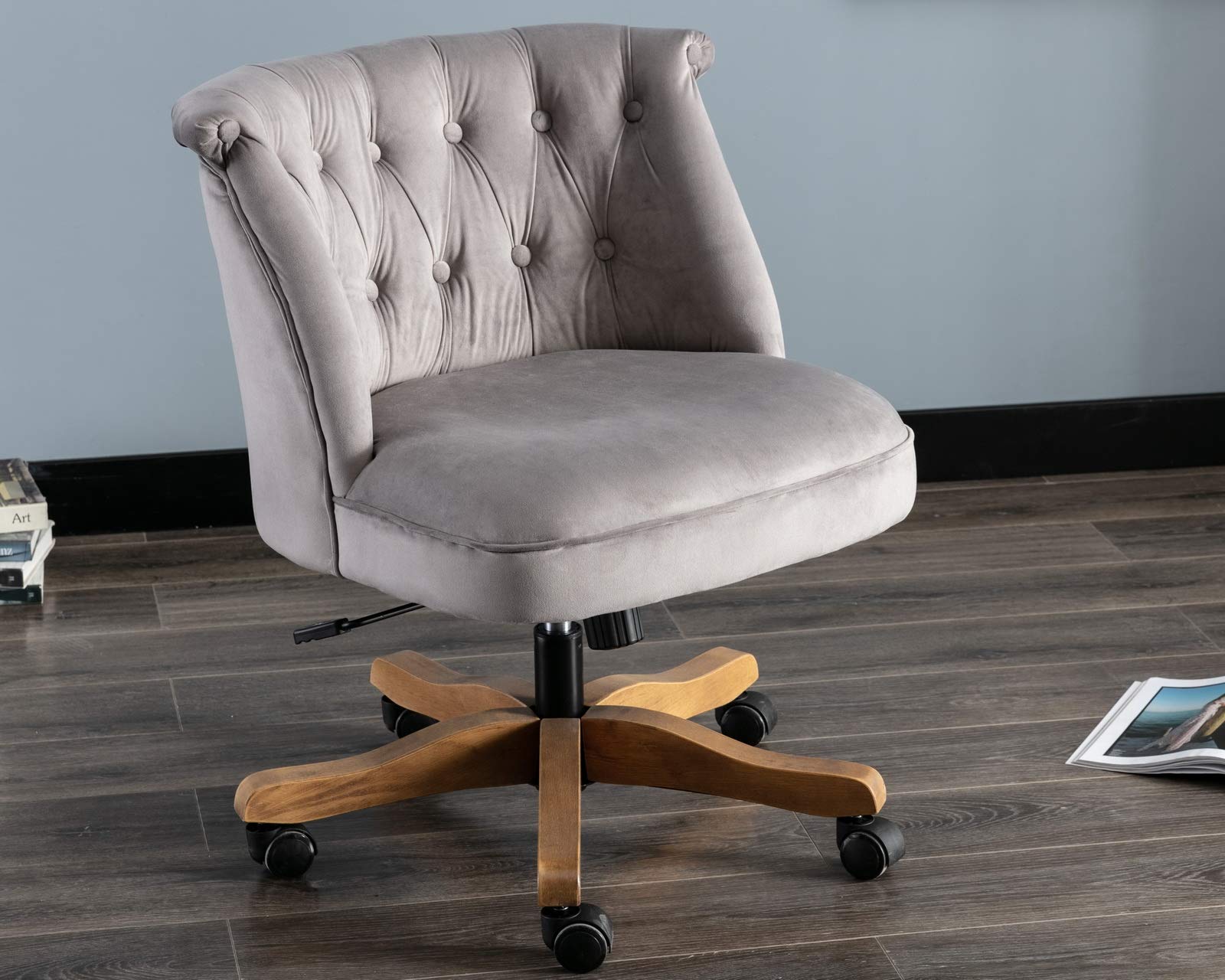 HAIQUN Velvet Tufted Armless Desk Chair - Adjustable Swivel Task Chair with Wheels for Home Office, Study Room & Bedroom - Grey | Ergonomic Comfort for Work, Gaming & Vanity