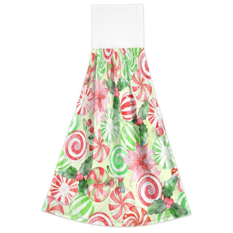 Christmas Peppermint Candy Hanging Kitchen Towels - 2PCS Absorbent Dish Cloths with Loops for Oven, Stove & Bathroom - Festive Winter Floral Hand Towels for Home Decor & Holiday Kitchen Use