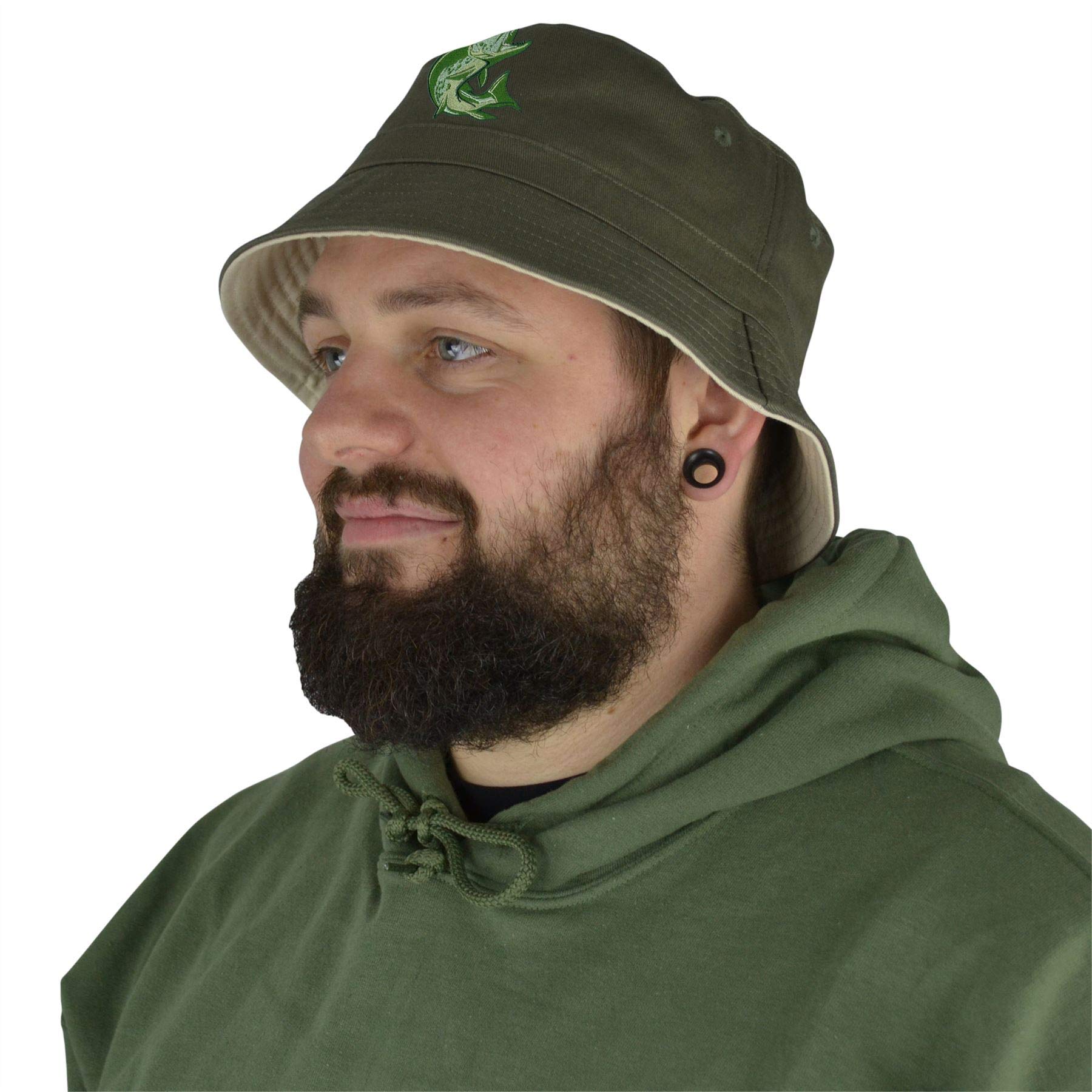 **Men's Fishing Bucket Hat - Embroidered Fish Pike Design - UV Protection & Breathable for Outdoor Fishing, Hiking, and Camping**