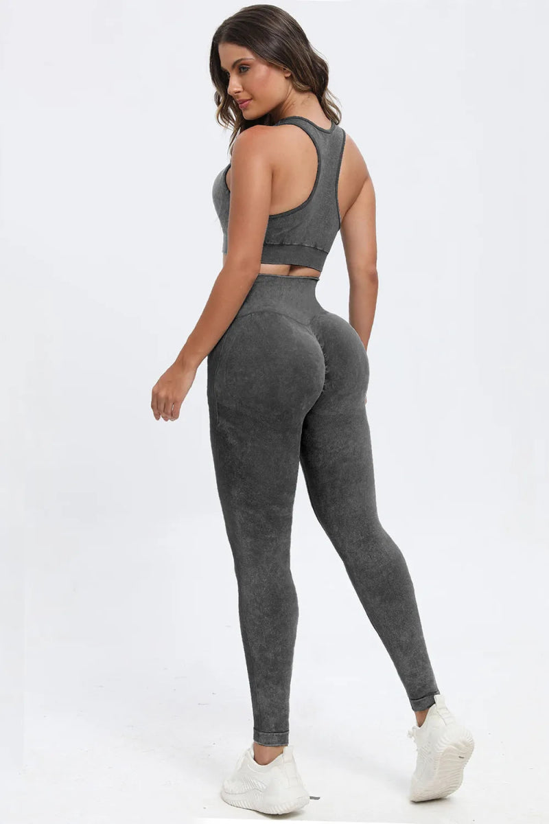 3 Piece Washed Square Neck Wide Strap Active Set for Women - Gym, Yoga & Lounge Wear - Comfortable Workout Outfit for Running & Pilates