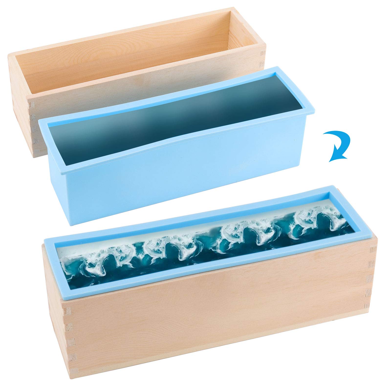3-Piece 45 Oz Blue Silicone Soap Molds Set - Flexible Rectangular Loaf Soap Making Molds with Wooden Box & Cover - DIY Handmade Soap Supplies for Home, Gifts & Bathroom Decor