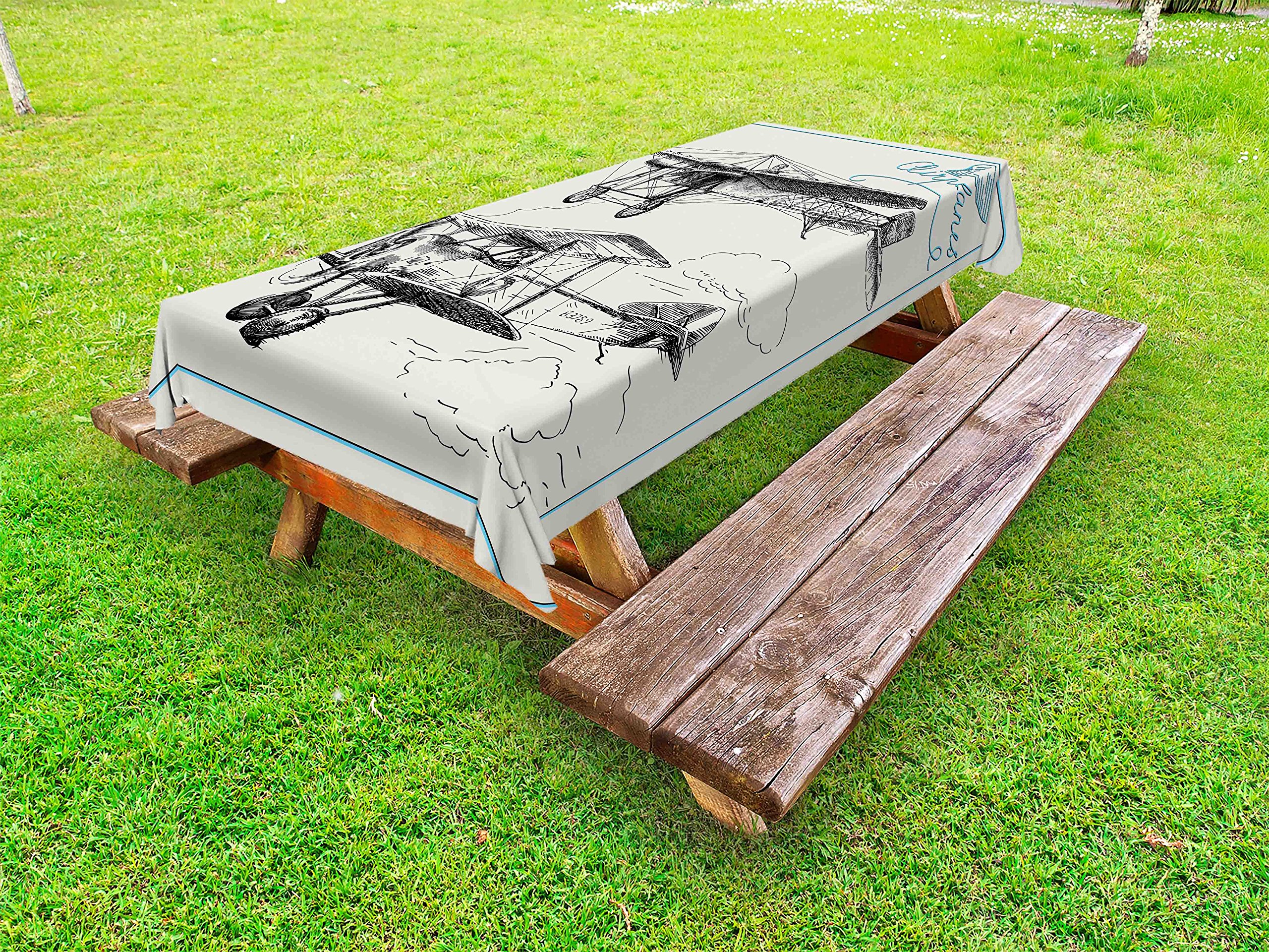 Ambesonne Vintage Airplane Design Outdoor Tablecloth - Classic Nostalgic Aircraft Propeller Sky Travel Sketch, Washable Picnic Table Cover 58x120 Inches Blue Black - Perfect for Backyard BBQs, Picnics & Outdoor Dining