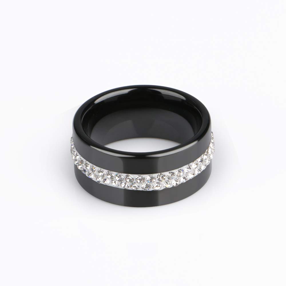 10mm Wide Two Row Crystal Women's Rings - Smooth Black & White Ceramic Jewelry for Wedding, Engagement & Fashion Accessories | Elegant Gift for Her