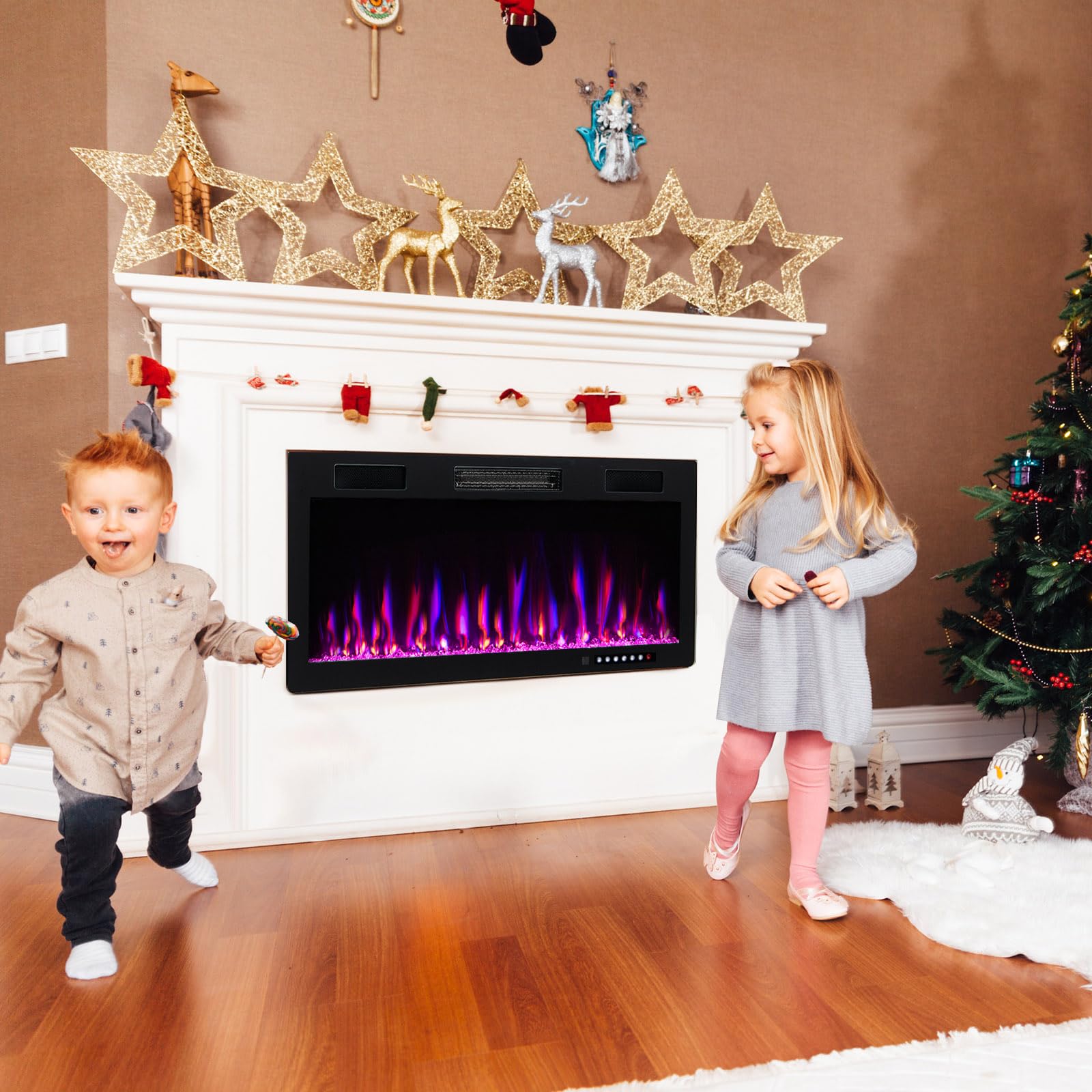 Tangkula 40 Inch Linear Electric Fireplace - Ultra-Thin Recessed & Wall Mounted Heater with Multi-Color Flame, 5 Brightness Levels, 8H Timer & Remote Control (750W/1500W) - Perfect for Living Room, Bedroom & Office Heating & Ambiance