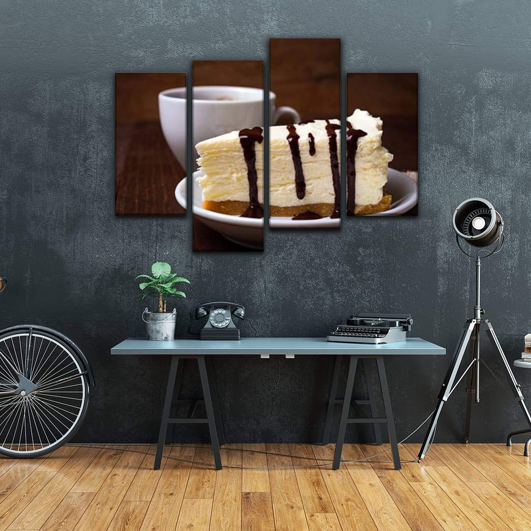 4 Panels Canvas Wall Art - Slice of Cheesecake with Coffee Caramels Modern Framed Paintings - Ready to Hang Home Decor for Living Room, Bedroom & Kitchen