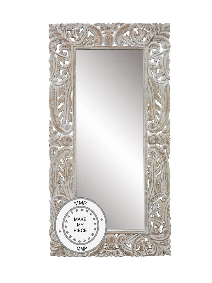 Hand Carved Wooden Mirror with Ornate Frame - White 75x150 cm - Elegant Wall Decor for Living Room, Bedroom & Entryway