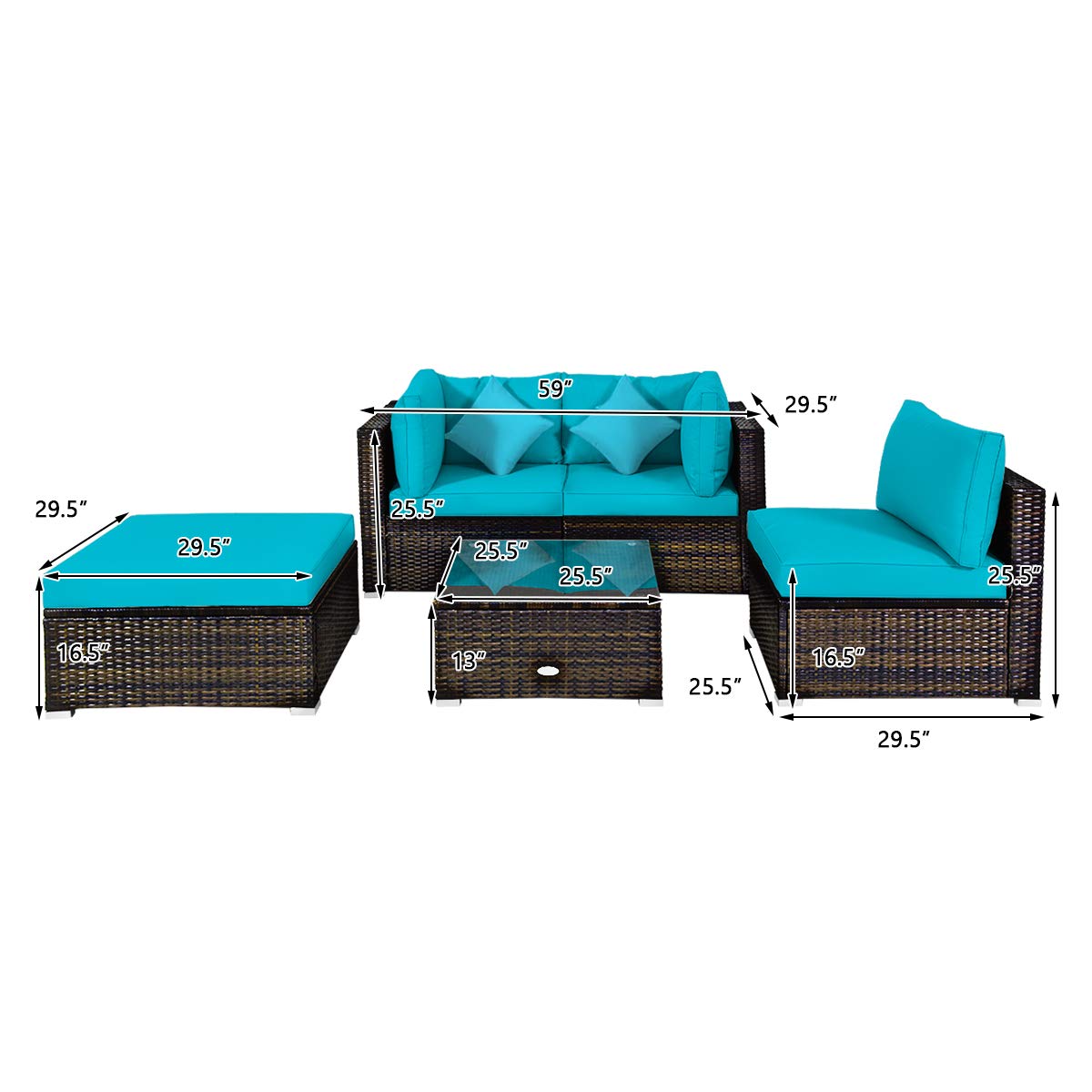 HappyGrill 5-Piece Patio Conversation Set - Outdoor Rattan Wicker Furniture with Sectional Sofa, Ottoman, Coffee Table & Cushions - Perfect for Garden, Lawn, Balcony, Backyard & Poolside Relaxation