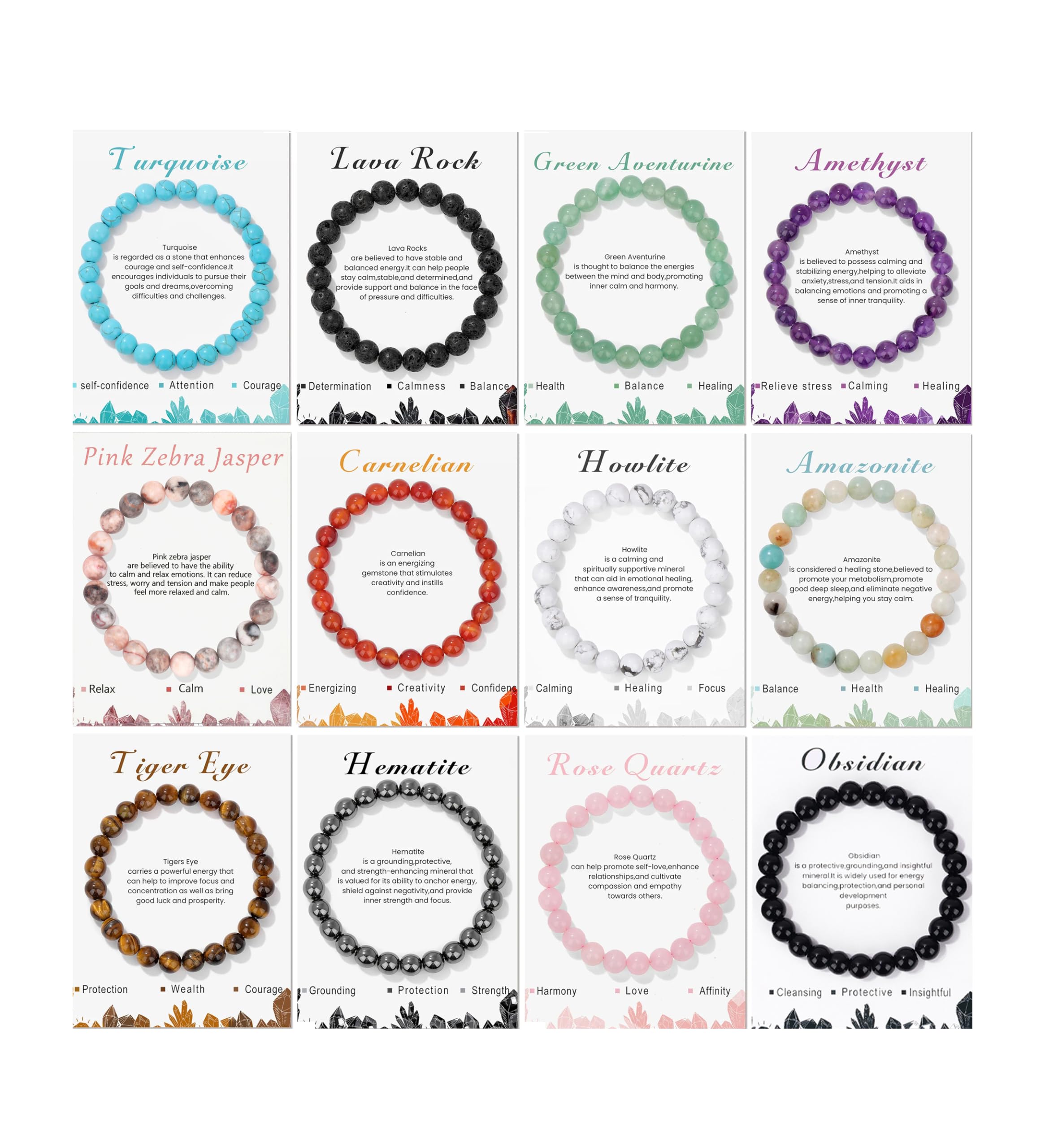 MOZAKA 12PCS Natural Crystal Bracelets for Women & Men - 8mm Semi-Precious Gemstone Beaded Stretch Bracelets, Healing Stone Unisex Jewelry Gift for Meditation, Yoga & Positive Energy