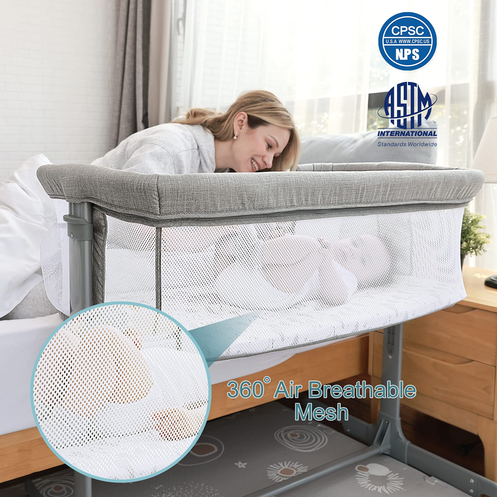 TCBunny 2-in-1 Baby Bassinet & Bedside Sleeper - Adjustable Portable Crib for Newborns & Infants, Grey | Safe Co-Sleeping Solution for Nursery & Travel | Mosquito Net Not Included | Perfect for Bedroom, Living Room & On-the-Go Parents