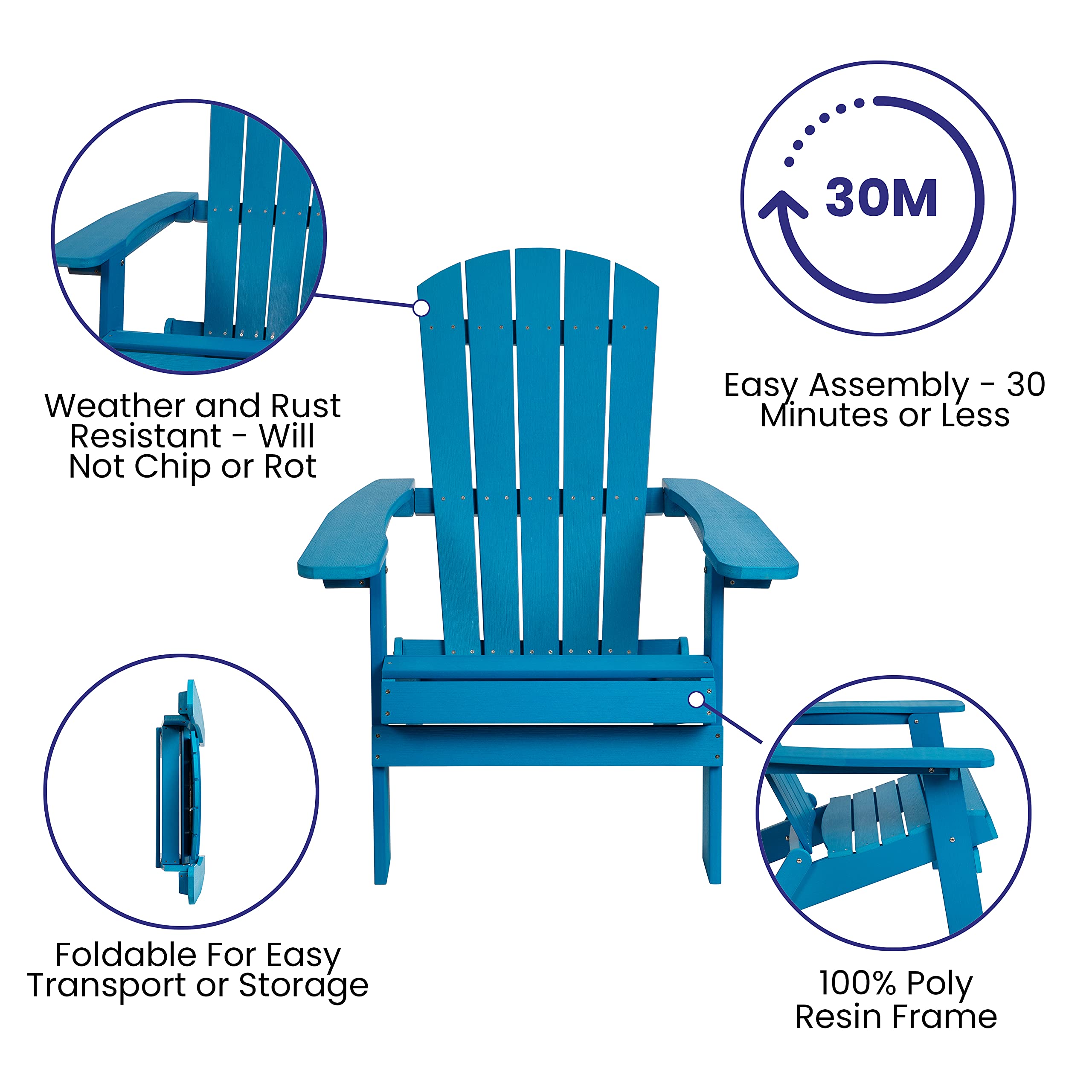 EMMA + OLIVER Set of 2 Blue Folding Adirondack Chairs with Side Table - Indoor Outdoor Patio Furniture for Garden, Deck, Poolside & Backyard Relaxation