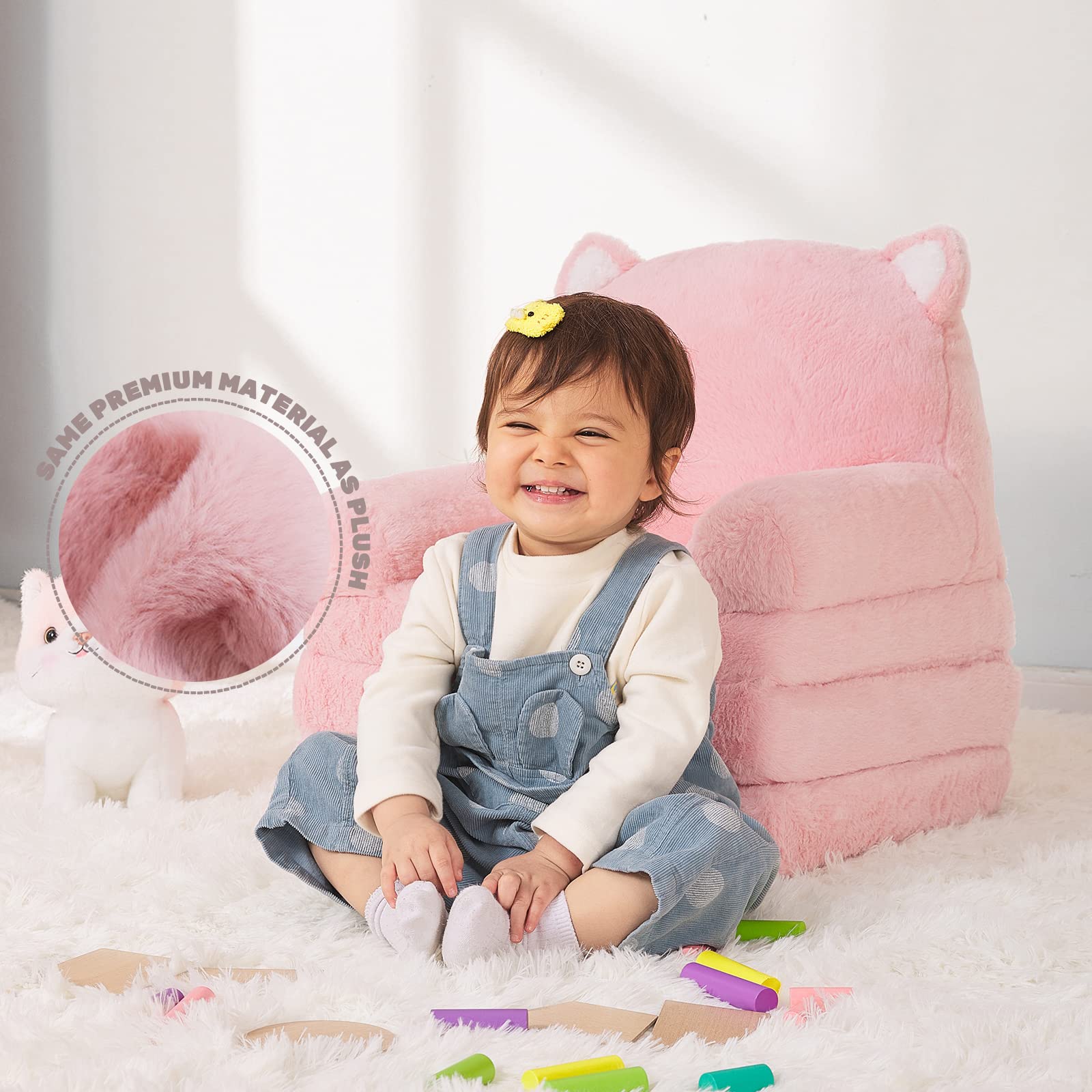 MONKISS 2-in-1 Toddler Couch Chair - Pink Sherpa Kids Sofa for Reading & Play