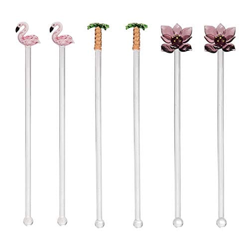 6-Pack Reusable Glass Drink Stirrers - Flamingo Palm Tree Lotus Flower Design for Tropical Cocktails, Beach Parties & Home Bar Decor | Pink Swizzle Sticks for Margaritas, Mojitos & Summer Drinks