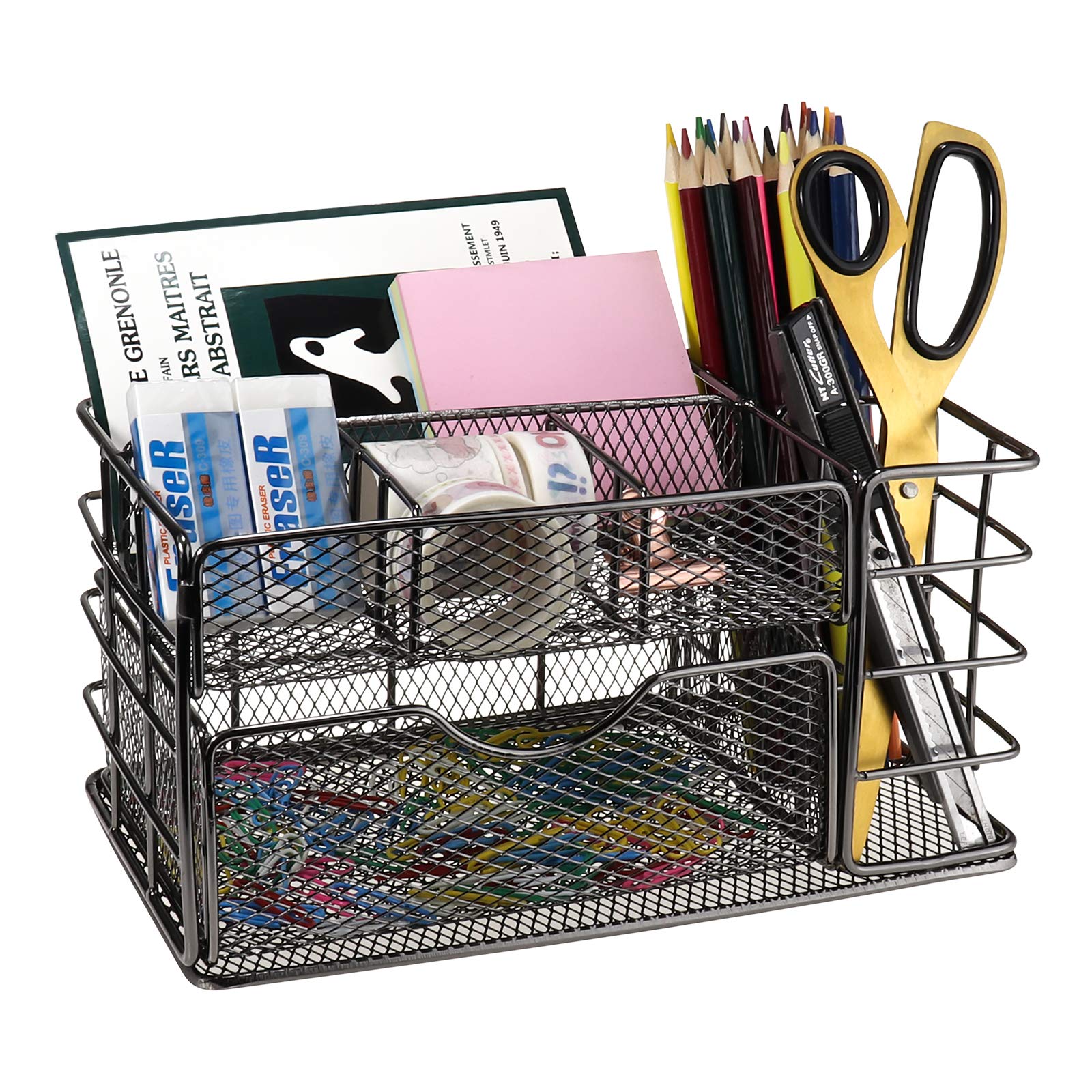 LEORISO Mesh Desk Organizer with Drawer - Dark Gray Metal Office Supplies & Makeup Organizer | Multifunctional Desktop Storage for Home, Office & School | Perfect for Organizing Pens, Cosmetics & Stationery