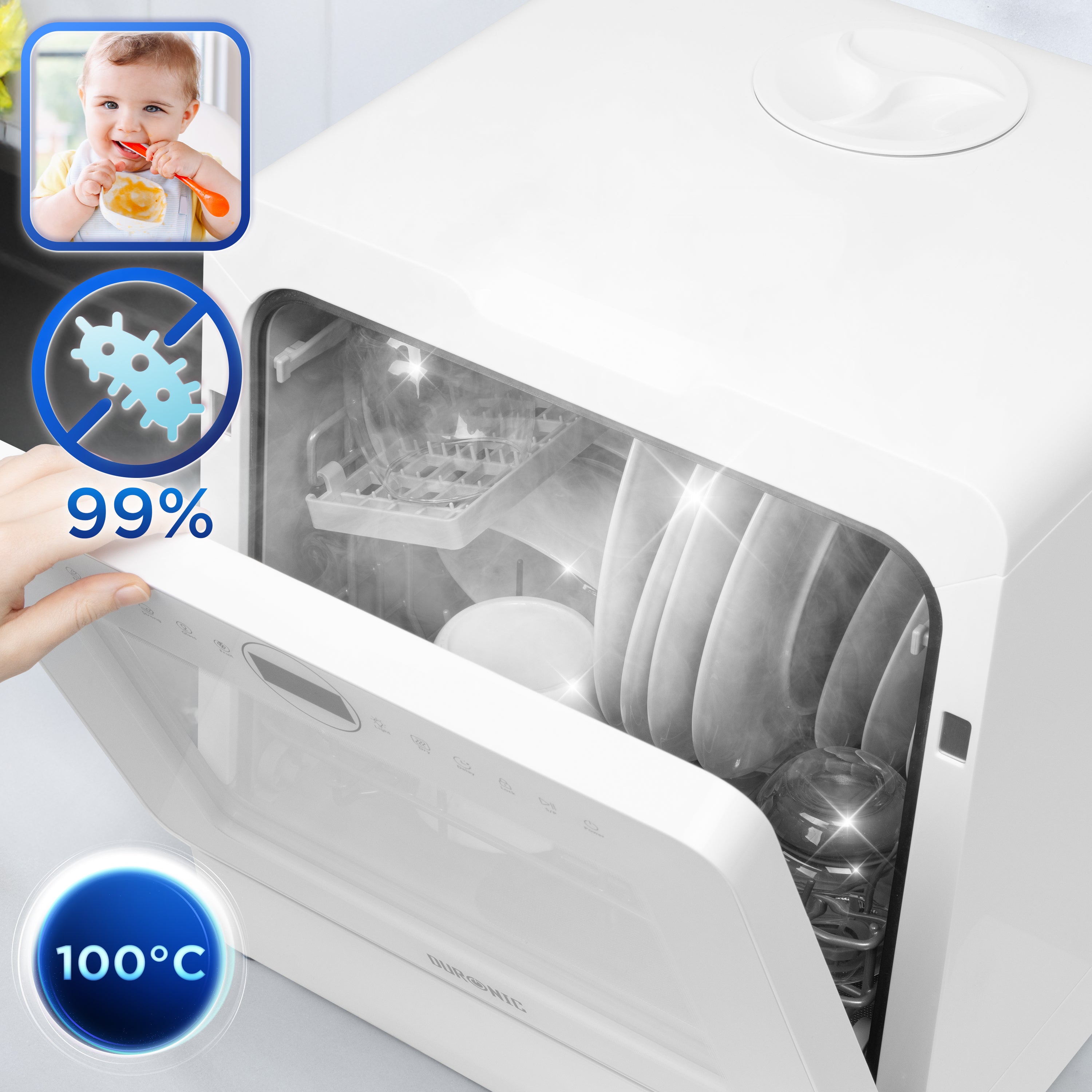 Duronic DW5 WE 950W Compact Tabletop Dishwasher - 5L Mini Dish Washer with 8 Wash Cycles | Eco-Friendly Electric Countertop Cleaner for Plates, Glass, Cutlery & Fruits | Perfect for Small Kitchens, Apartments & RVs (White)