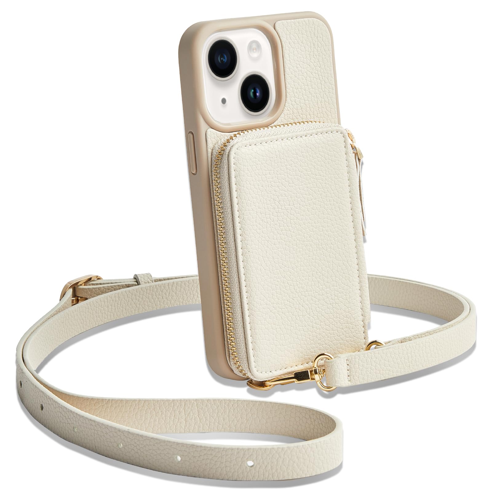 ZVE RFID Blocking Wallet Case for iPhone 13 (6.1 inch) - Crossbody Zipper Phone Purse with Card Holder & Wrist Strap for Women | Perfect for Travel, Shopping & Daily Use (Beige)