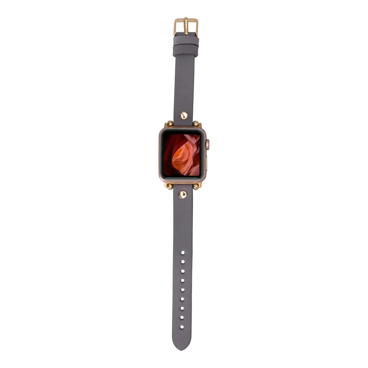 Slim Gray Leather Apple Watch Band with Gold Rivet - Stylish & Durable Replacement Strap for Work, Gym & Everyday Wear